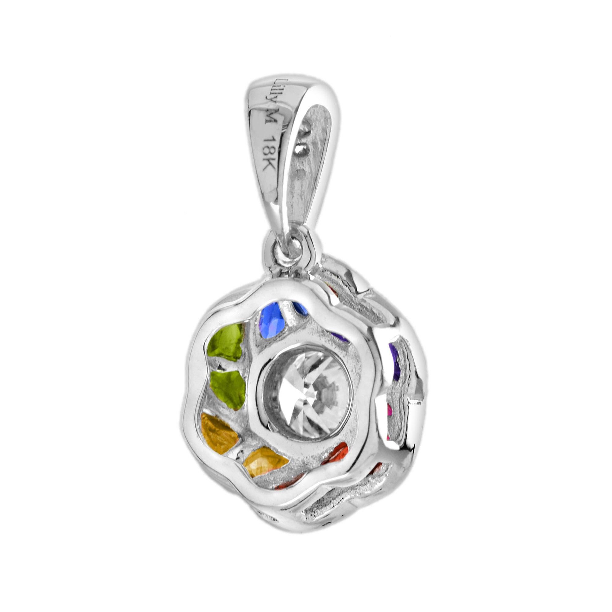 Diamond and Rainbow Sapphire Art Deco Style Floral Pendant in 18K White Gold In New Condition For Sale In Bangkok, TH
