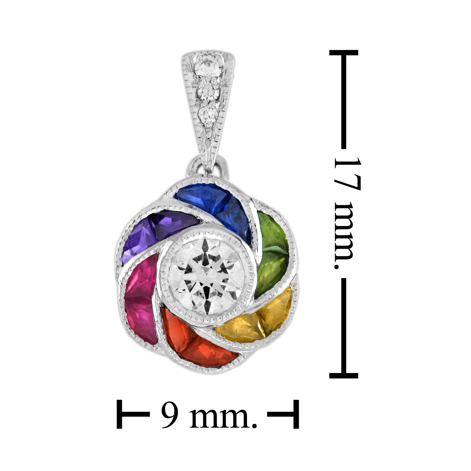 Women's Diamond and Rainbow Sapphire Art Deco Style Floral Pendant in 18K White Gold For Sale