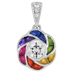 Diamond and Rainbow Sapphire Art Deco Style Floral Pendant in 18K White Gold