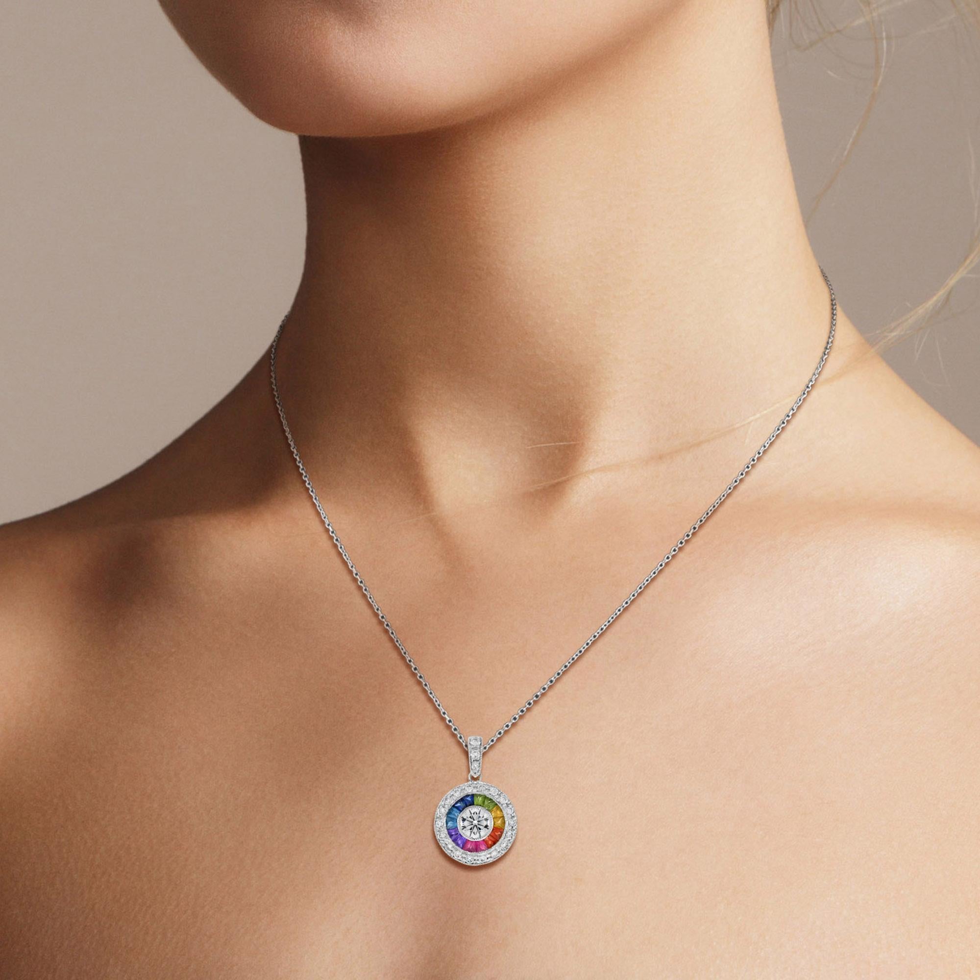 Discover our new collection ‘Be Elegance Over the Rainbow’ and celebrate the life that full of colors! This Art-Deco Style pendant is completely spectacular! The vibrant color sapphire stone is a specialty cut to surround the excellent round