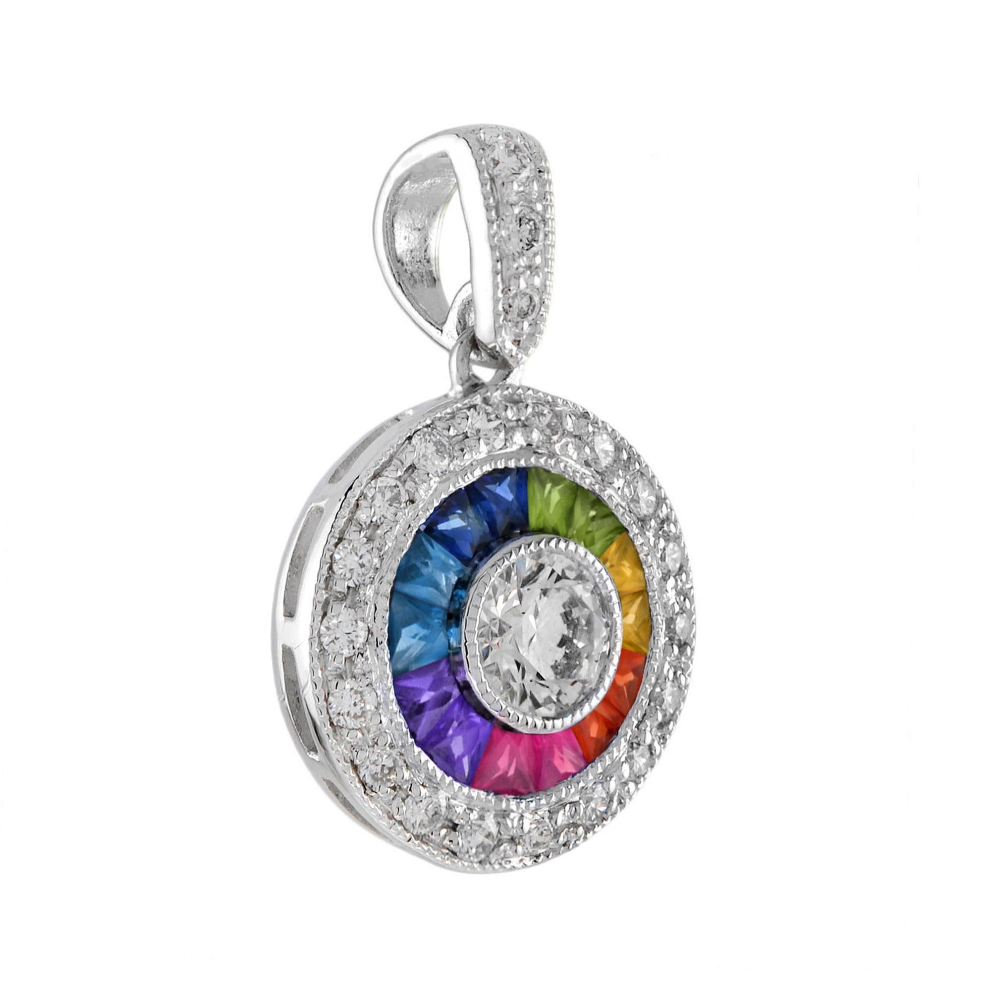 Round Cut Diamond and Rainbow Sapphire Art Deco Style Pendant in 18K White Gold For Sale