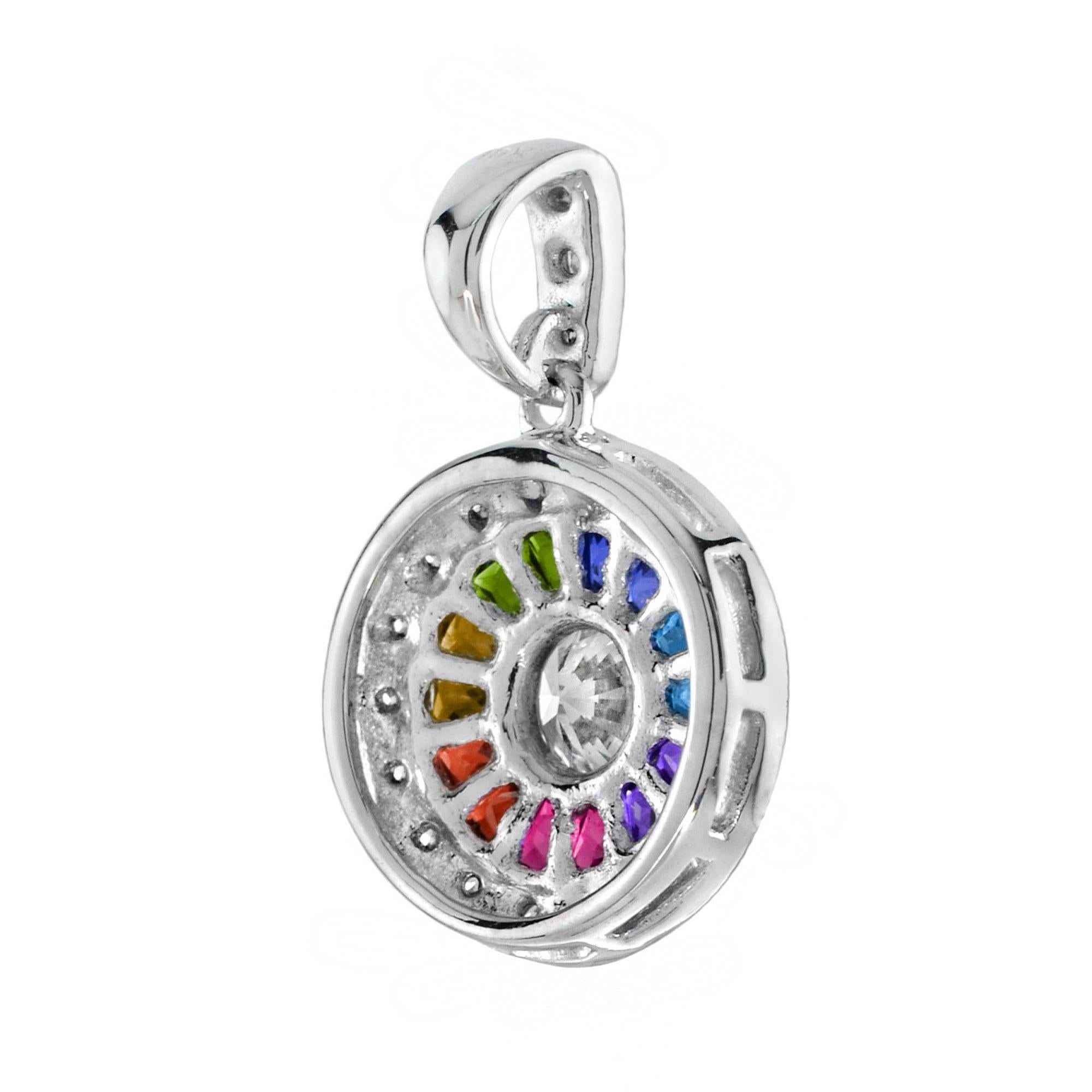 Diamond and Rainbow Sapphire Art Deco Style Pendant in 18K White Gold In New Condition For Sale In Bangkok, TH