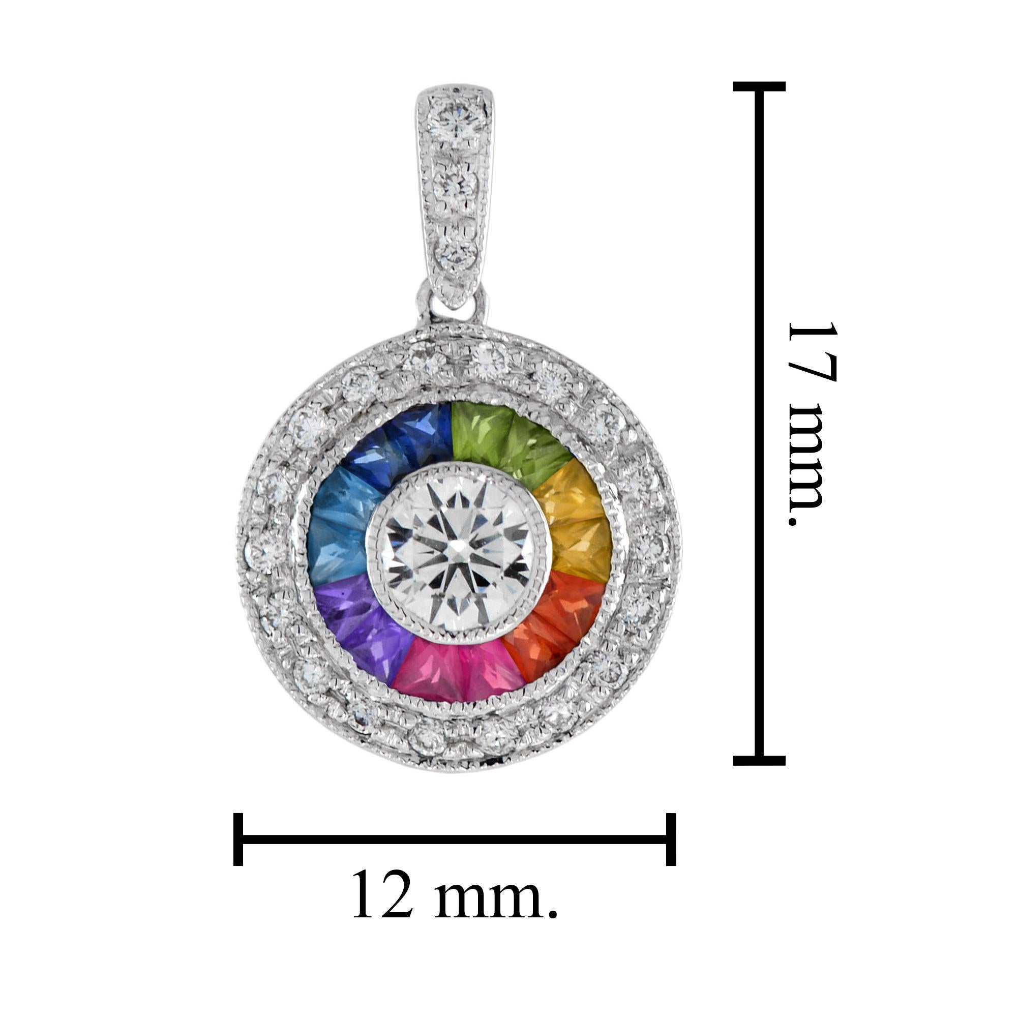 Women's Diamond and Rainbow Sapphire Art Deco Style Pendant in 18K White Gold For Sale