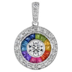 Diamond and Rainbow Sapphire Art Deco Style Pendant in 18K White Gold
