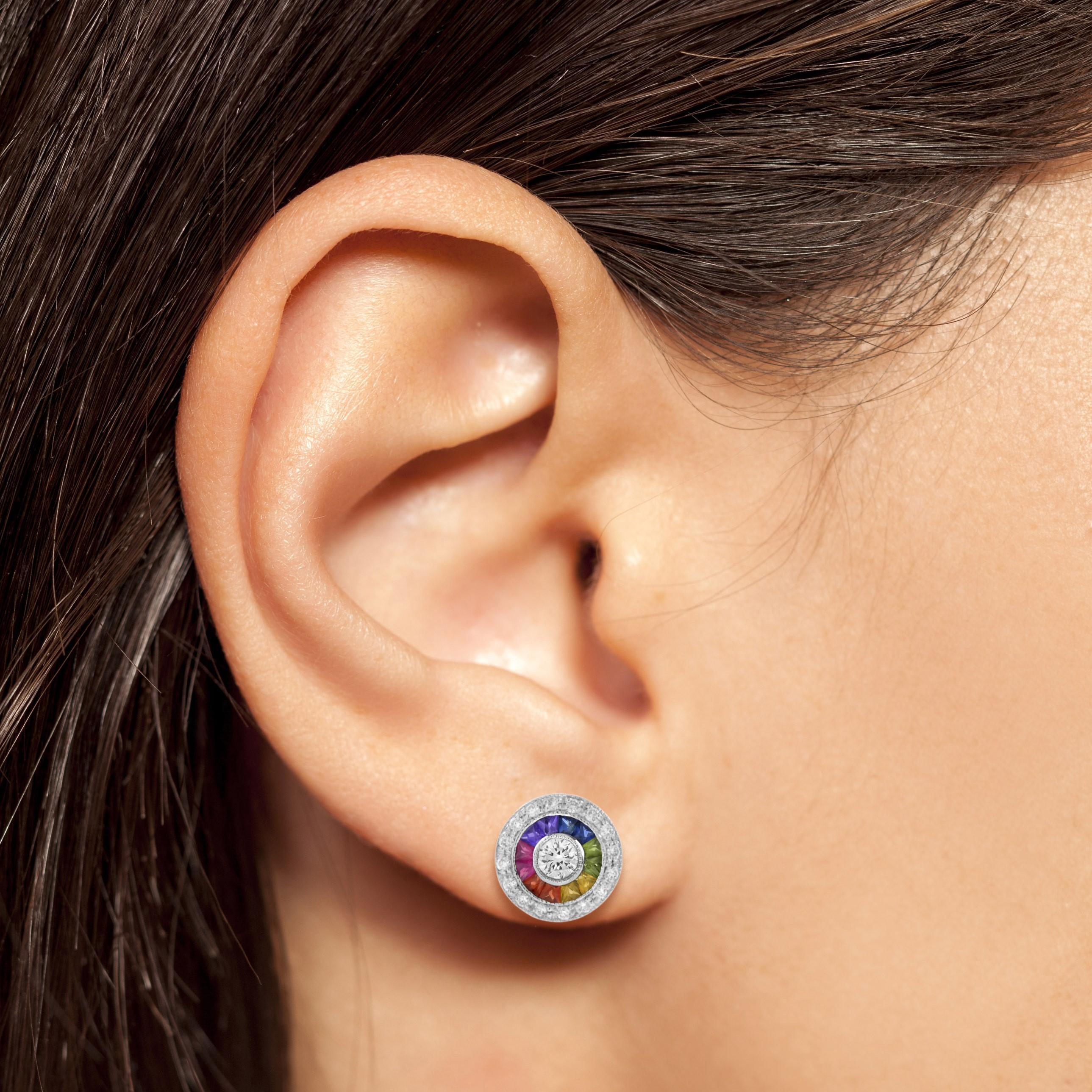 Discover our new collection ‘Be Elegance Over the Rainbow’ and celebrate the life that full of colors! These Art-Deco Style stud earrings are completely spectacular! The vibrant color sapphire stone is a specialty cut to surround the excellent round