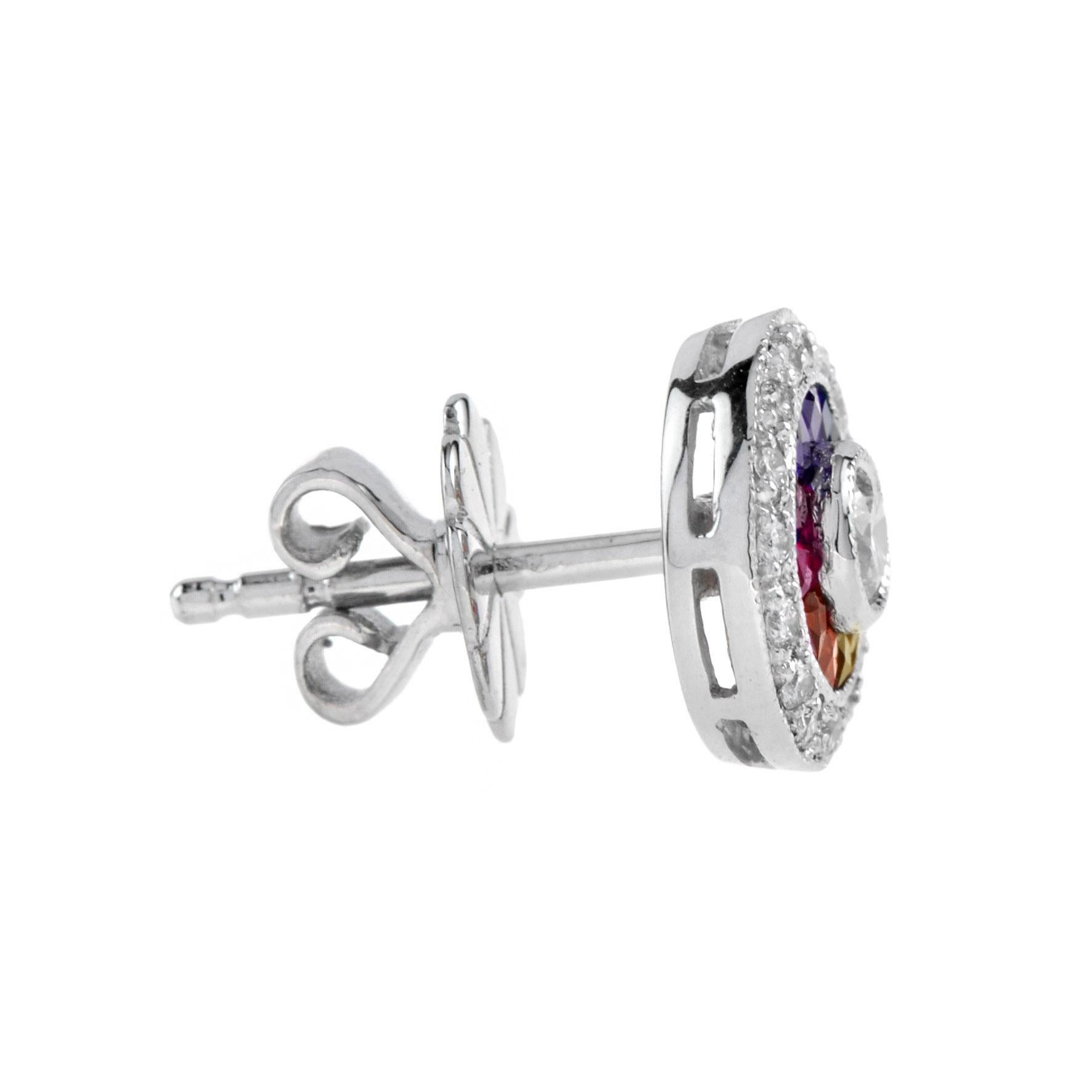 Round Cut Diamond and Rainbow Sapphire Art Deco Style Stud Earrings in 18K White Gold For Sale