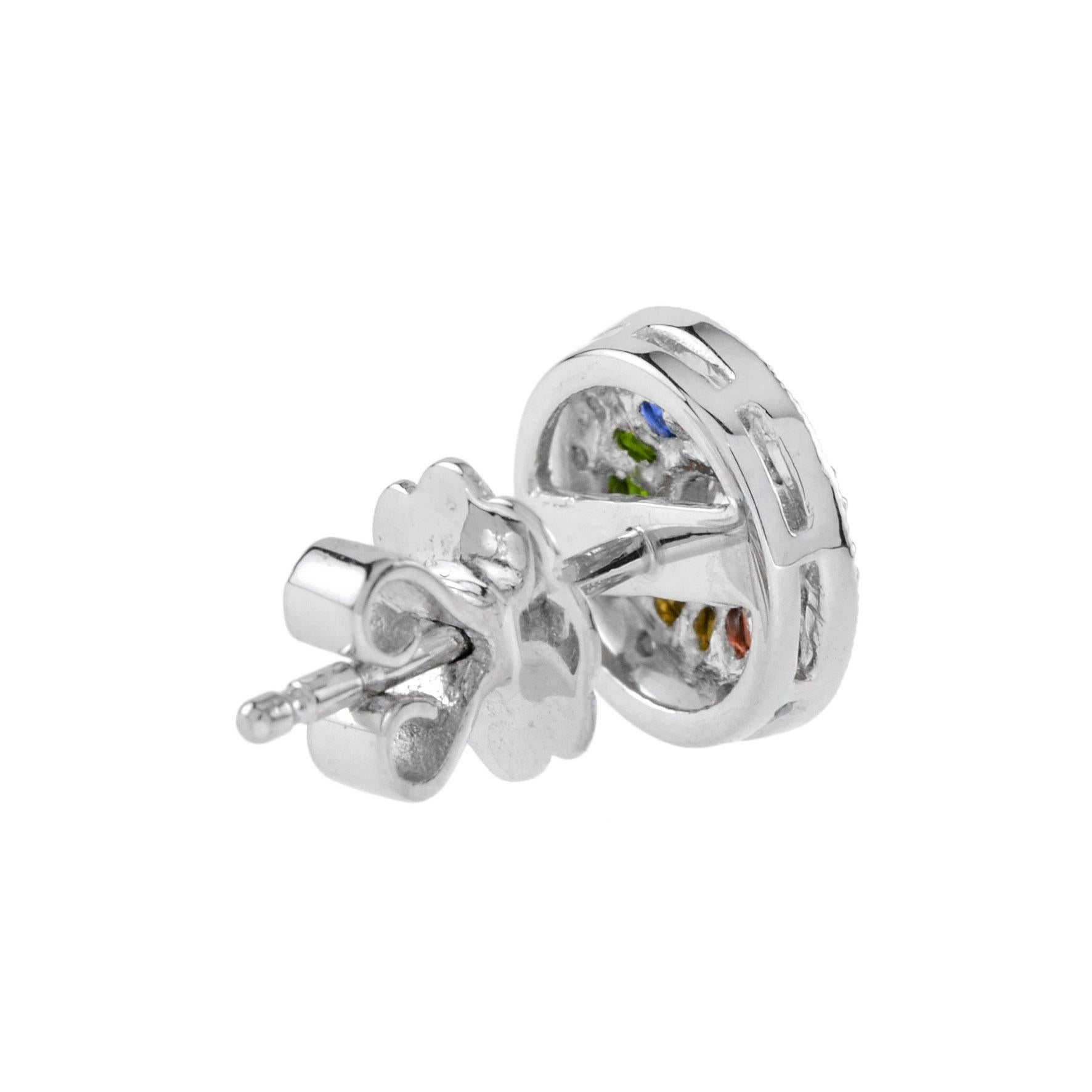 Diamond and Rainbow Sapphire Art Deco Style Stud Earrings in 18K White Gold In New Condition For Sale In Bangkok, TH