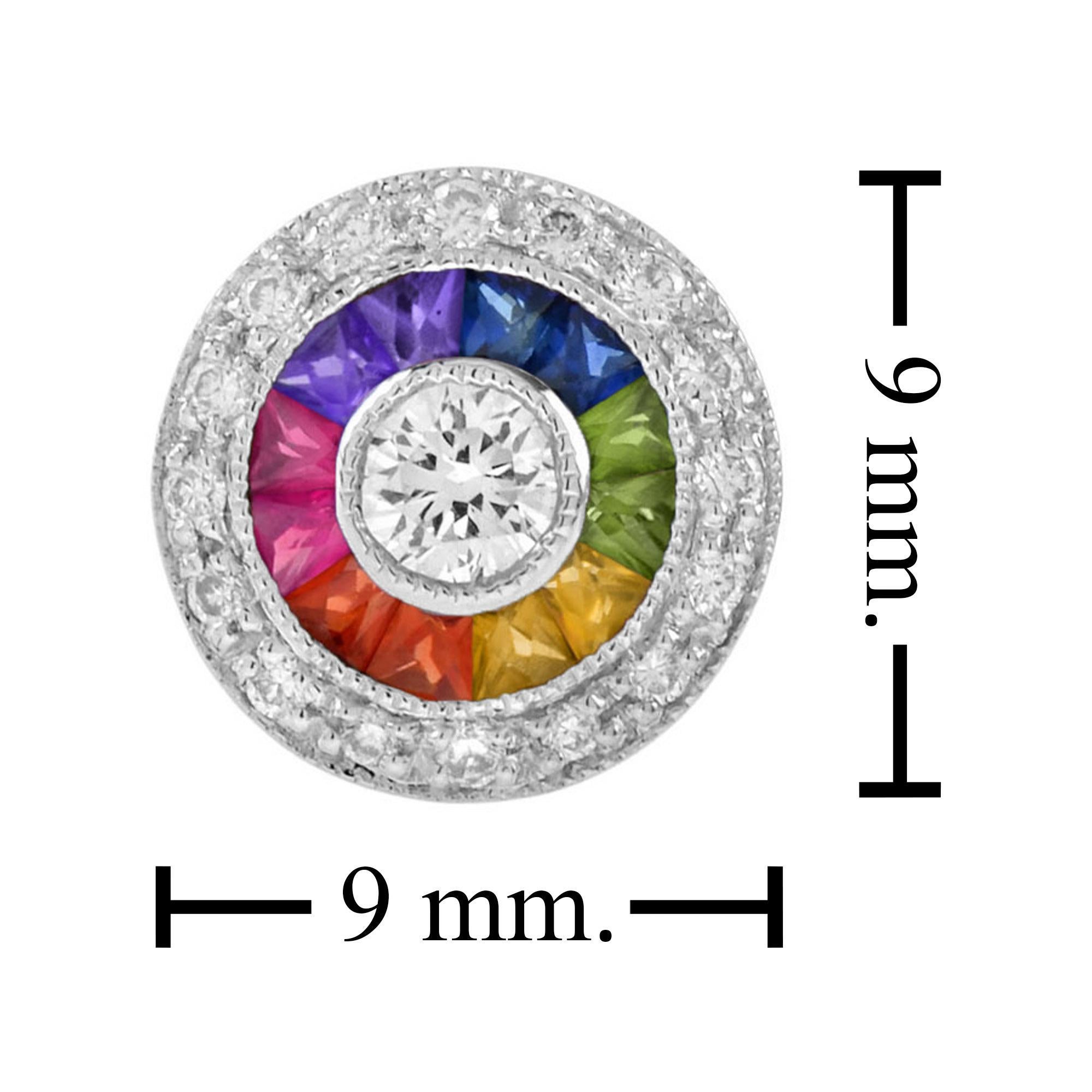 Women's Diamond and Rainbow Sapphire Art Deco Style Stud Earrings in 18K White Gold For Sale