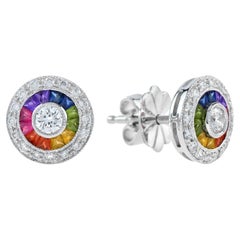 Diamond and Rainbow Sapphire Art Deco Style Stud Earrings in 18K White Gold
