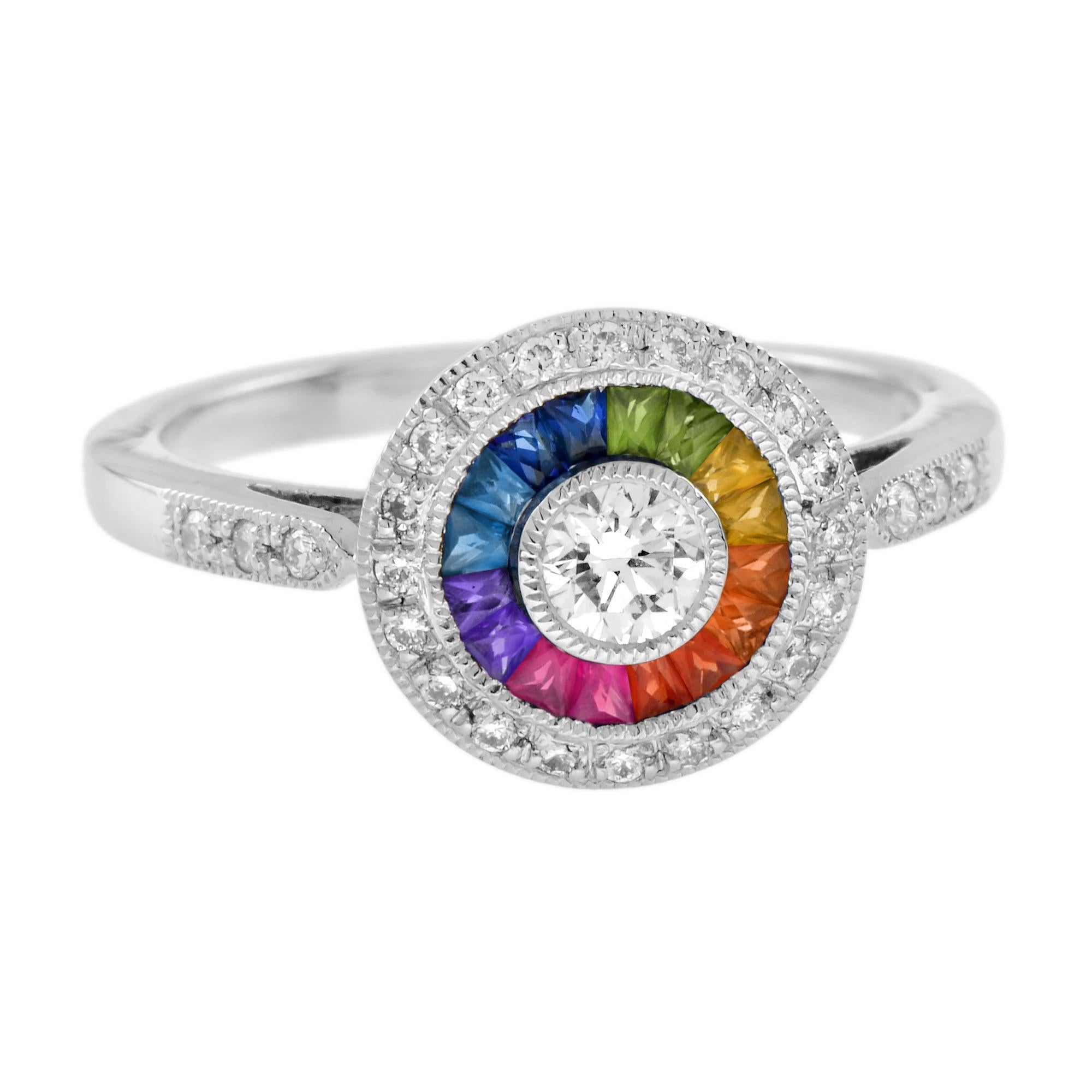 Taglio rotondo Anello Target con diamanti e zaffiri arcobaleno in stile Art Déco in oro bianco 18 carati in vendita