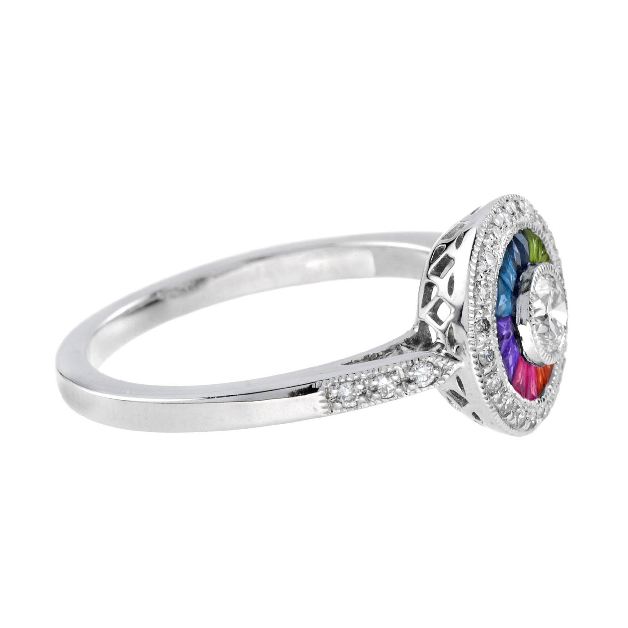 Anello Target con diamanti e zaffiri arcobaleno in stile Art Déco in oro bianco 18 carati In condizioni Nuovo in vendita a Bangkok, TH