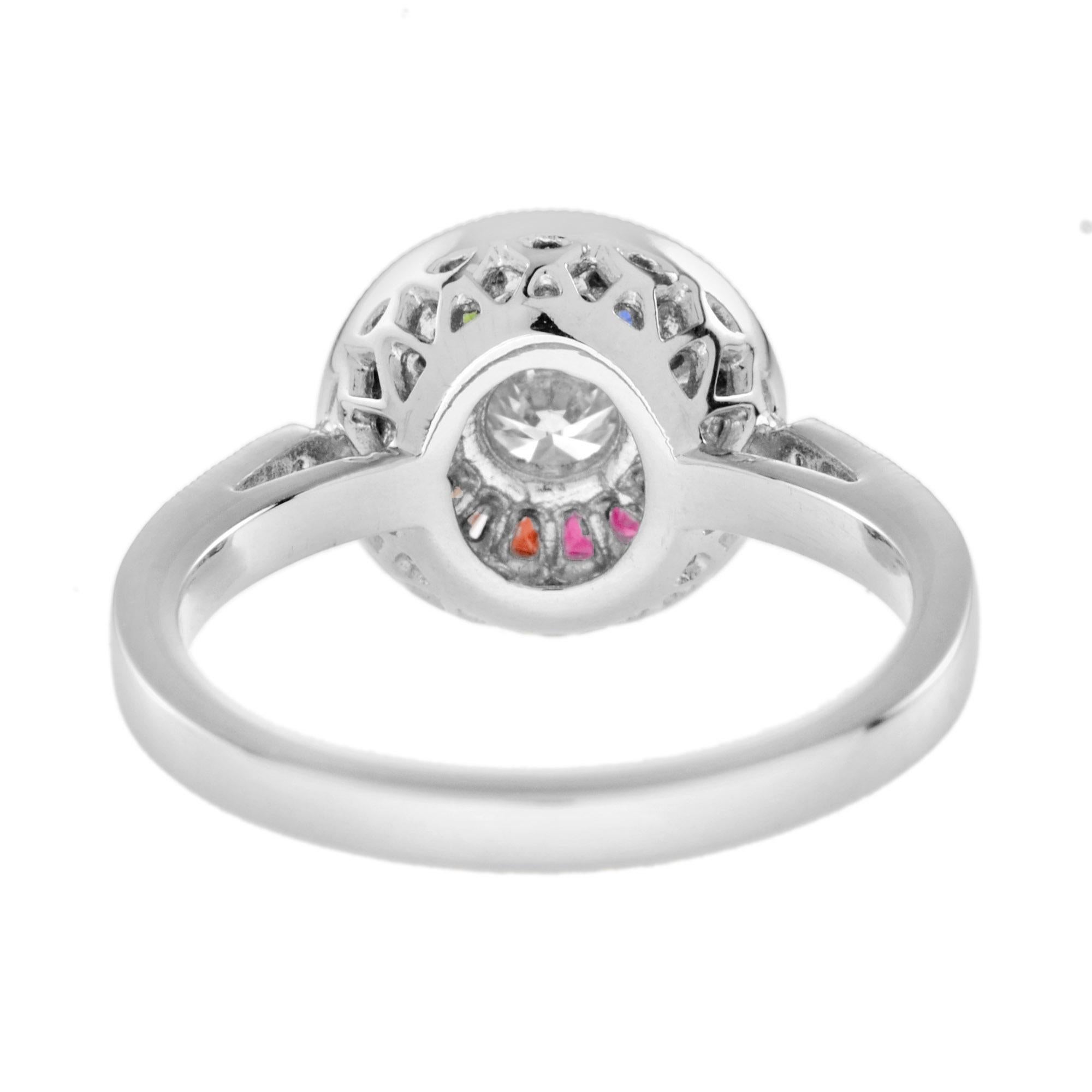 da uomo o donna Anello Target con diamanti e zaffiri arcobaleno in stile Art Déco in oro bianco 18 carati in vendita