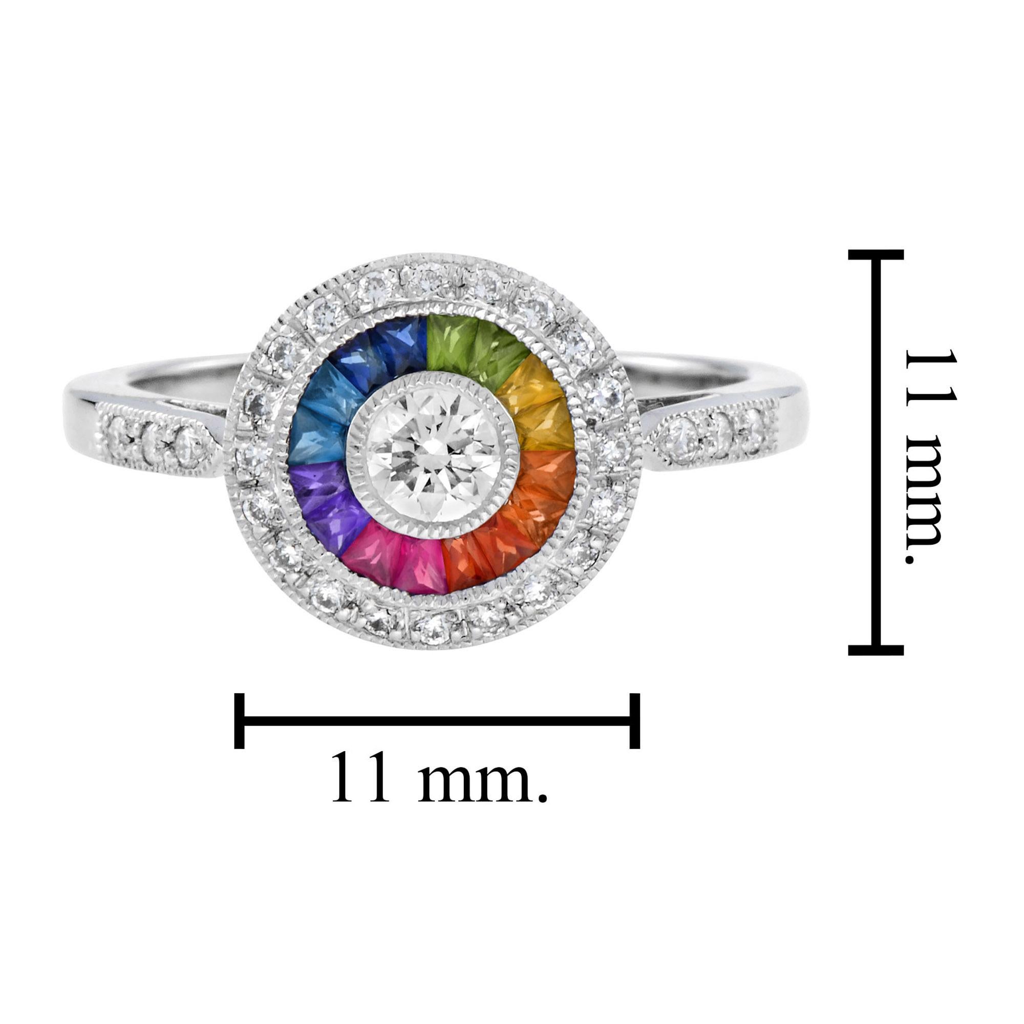 Anello Target con diamanti e zaffiri arcobaleno in stile Art Déco in oro bianco 18 carati in vendita 2