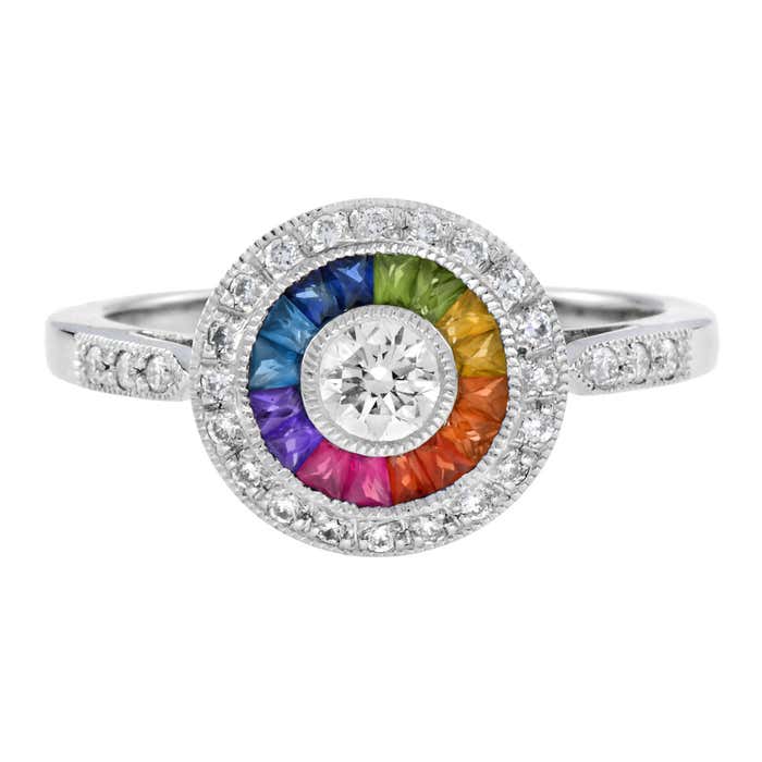 Diamond and Rainbow Sapphire Art Deco Style Target Ring in 18K White ...