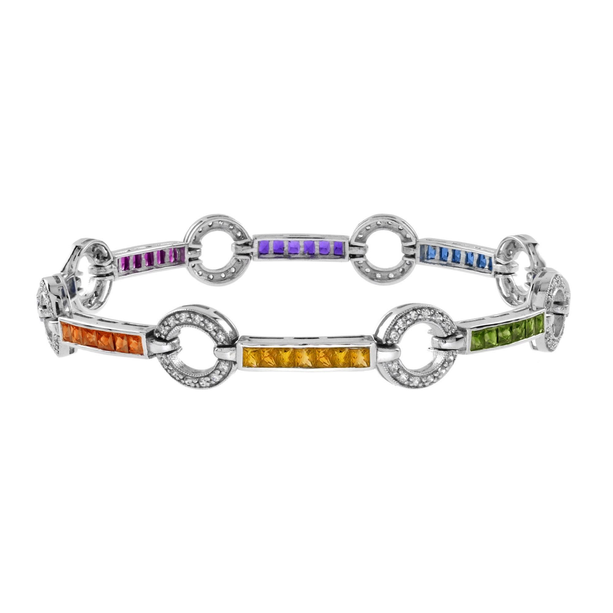 Pulsera de eslabones de diamantes y zafiros arco iris en oro blanco de 18 quilates Art Decó en venta