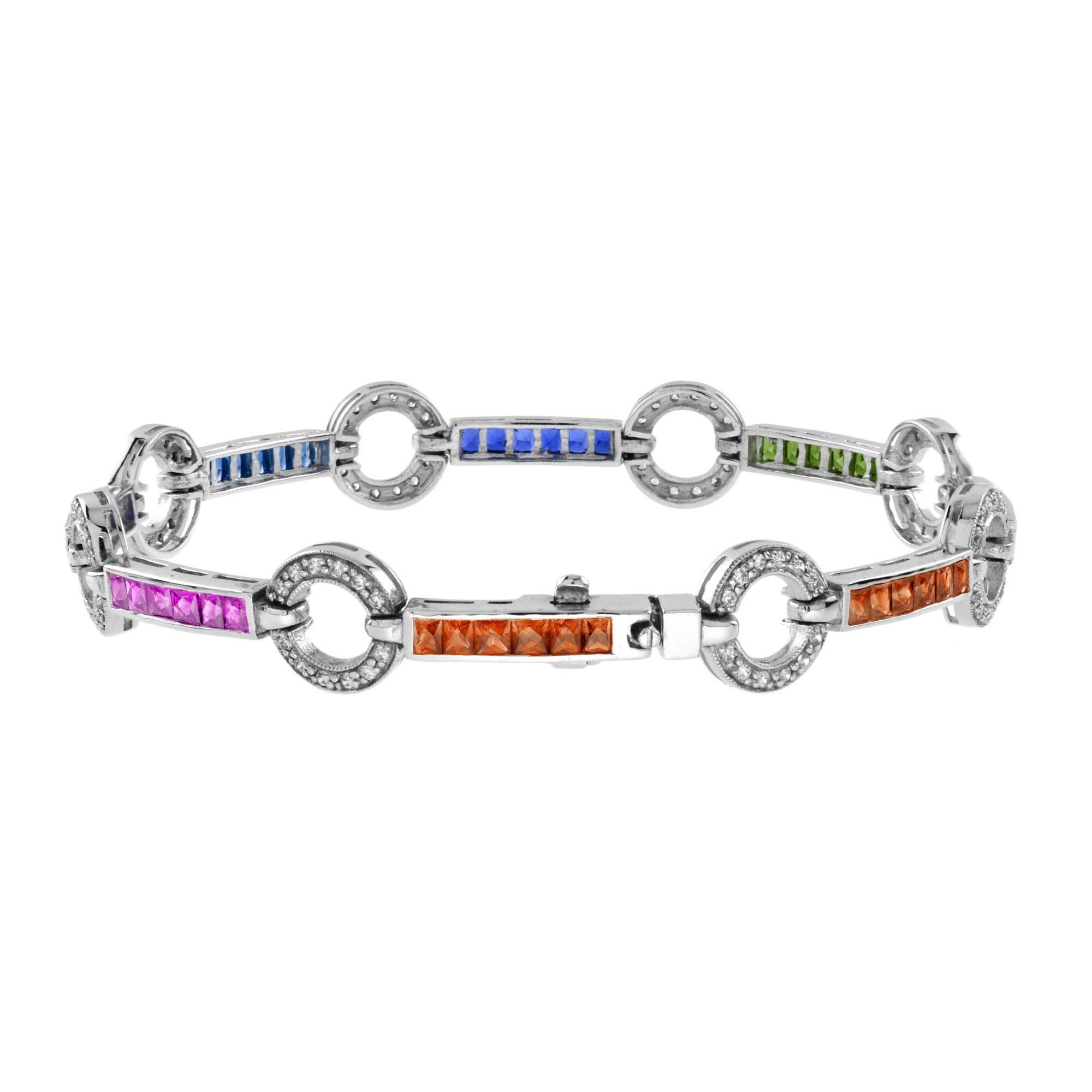Pulsera de eslabones de diamantes y zafiros arco iris en oro blanco de 18 quilates Corte brillante en venta