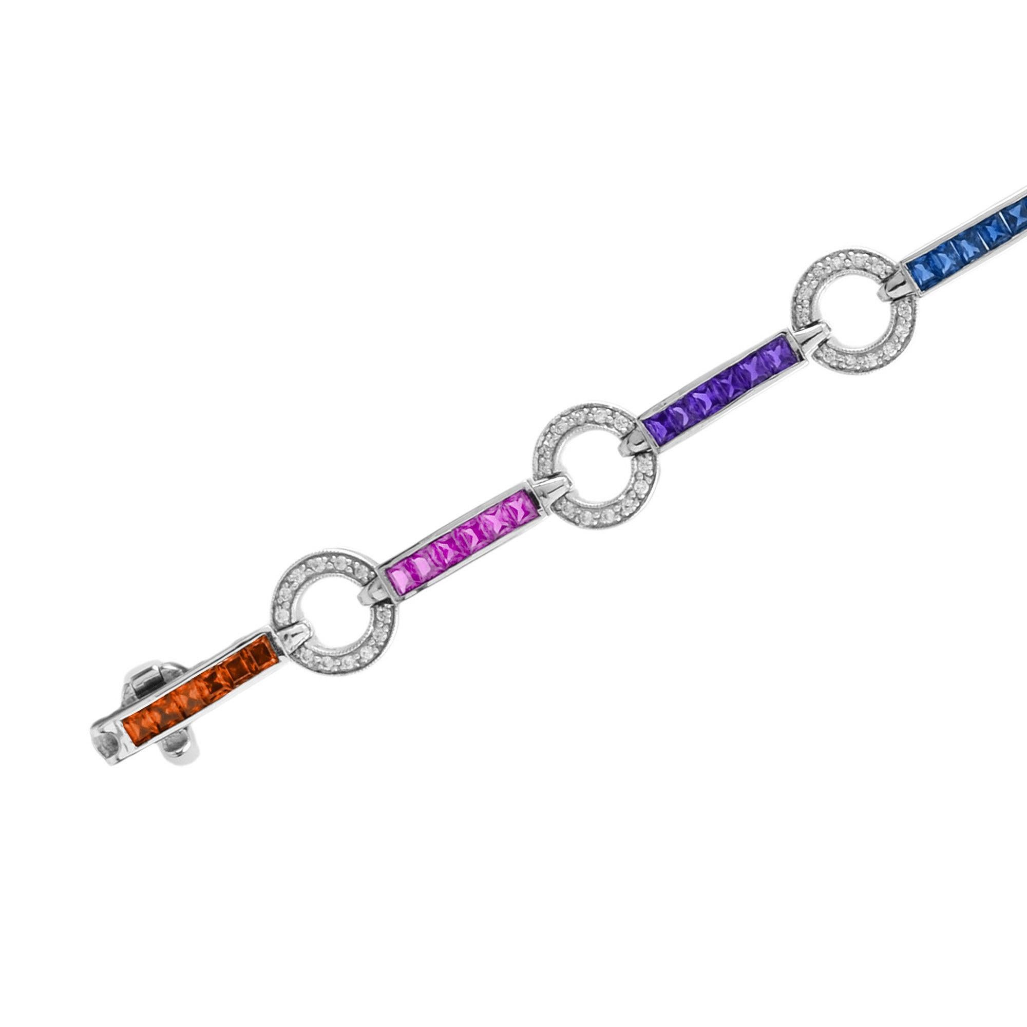 Pulsera de eslabones de diamantes y zafiros arco iris en oro blanco de 18 quilates en venta 3