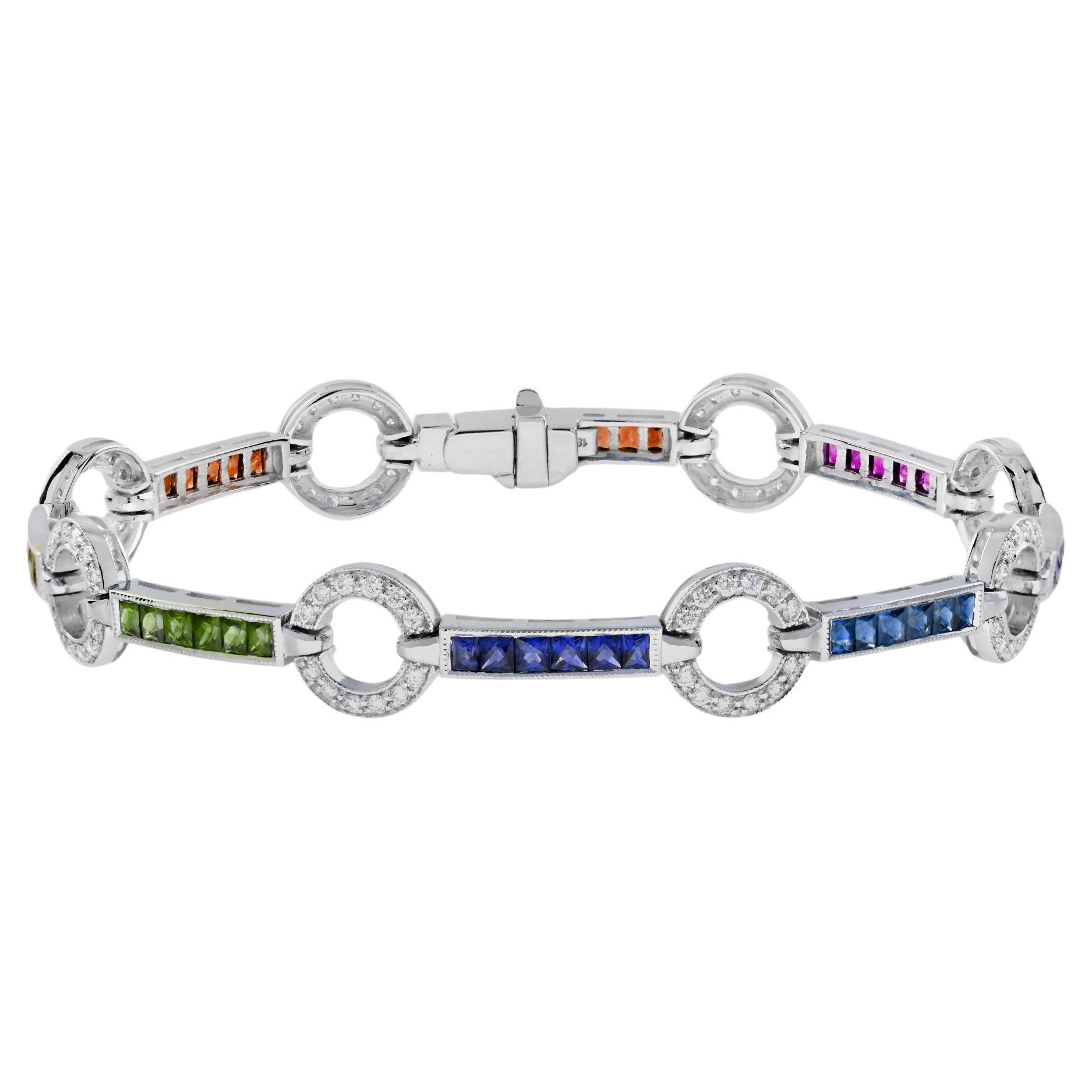 Diamond and Rainbow Sapphire Donut Link Bracelet in 18K White Gold