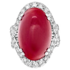 Diamond and Red Coral Ring Set in 18k White Gold