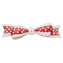 Diamond and Red Enamel Bow Brooch in 18k White Gold