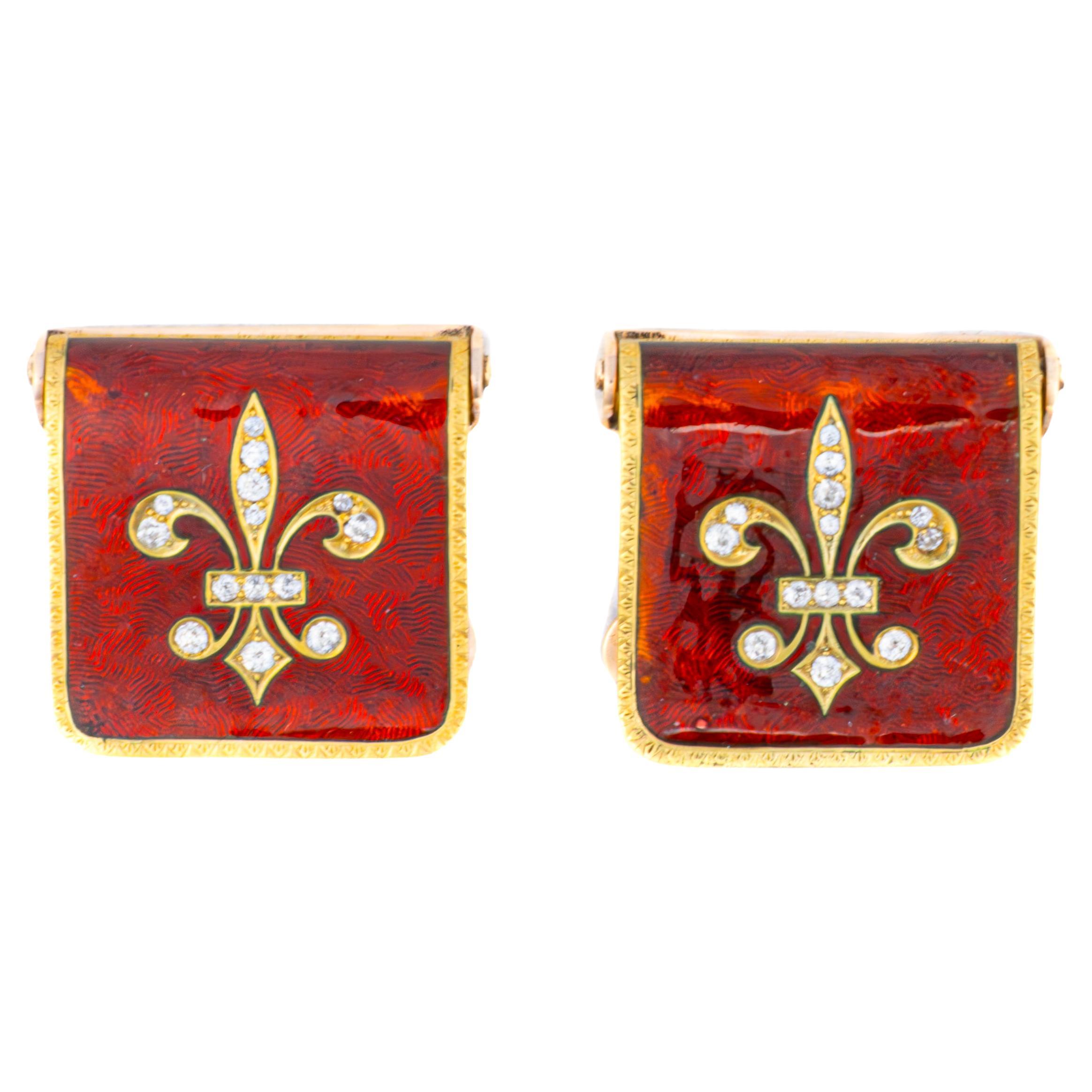 Fleur-de-Lis-Ohrringe mit Diamanten und roter Emaille im Angebot