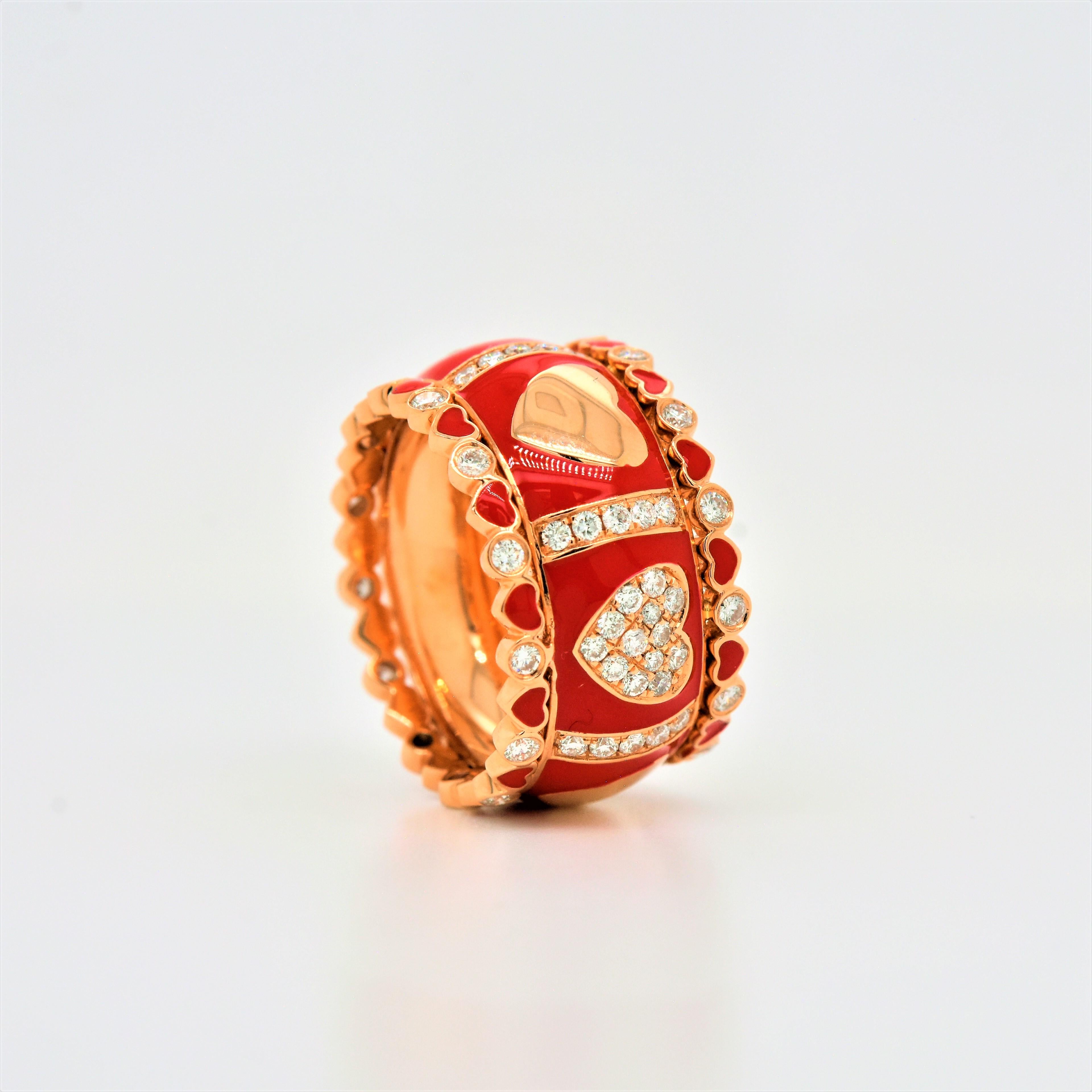 Contemporary Diamond and Red Enamel Rose Gold Ring 18 Karat with 1.03 Carat in Diamonds