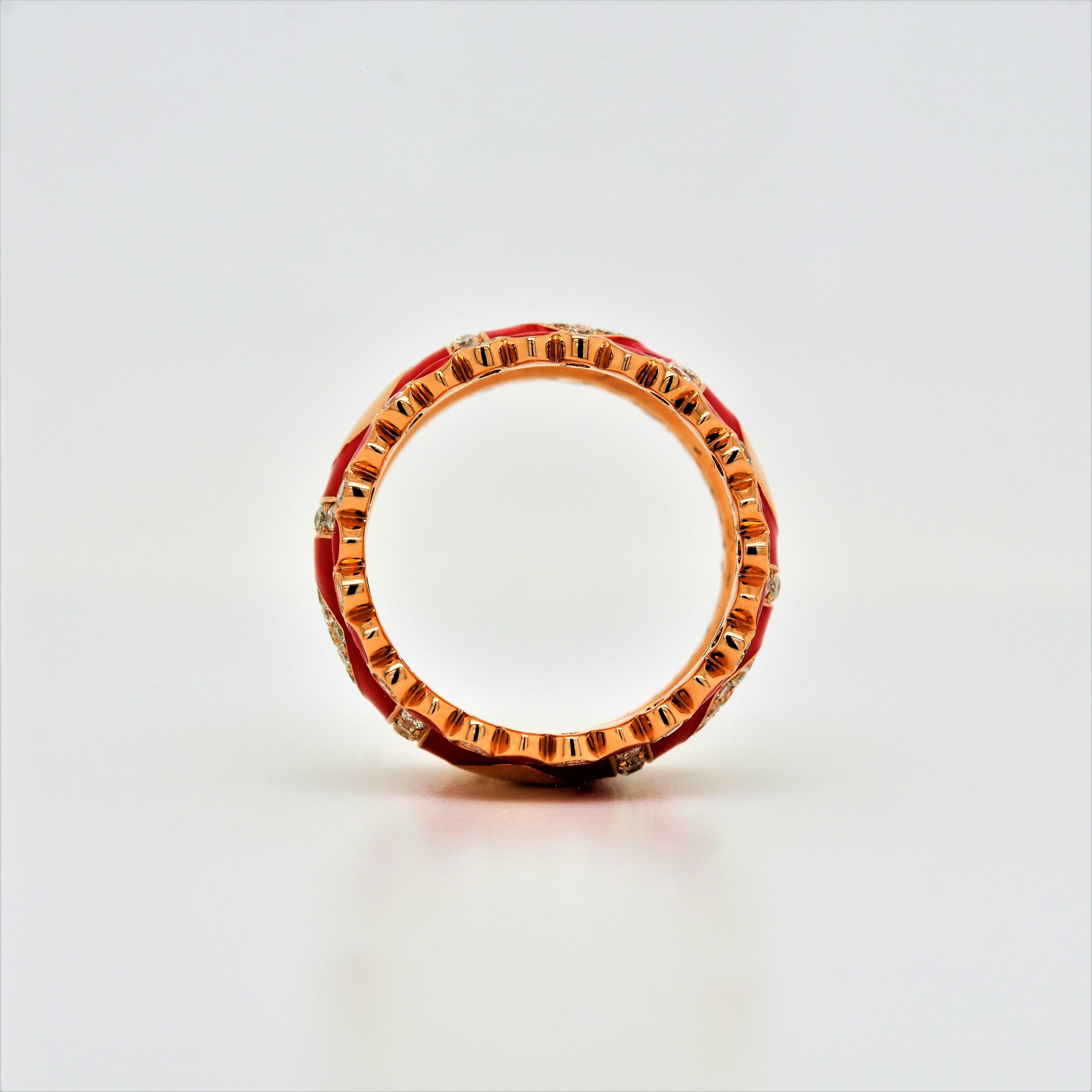 Diamond and Red Enamel Rose Gold Ring 18 Karat with 1.03 Carat in Diamonds In New Condition In New York, NY