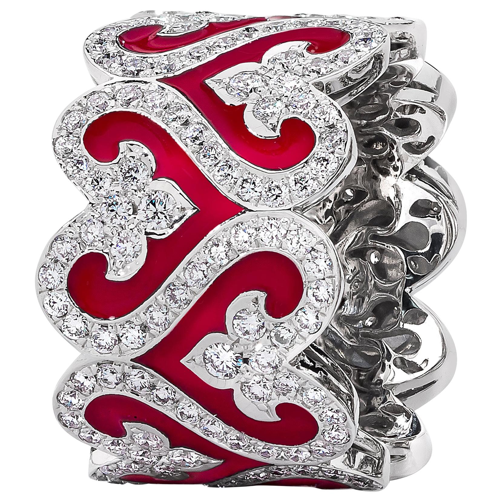 Diamond and Red Enamel Wide Band Ring