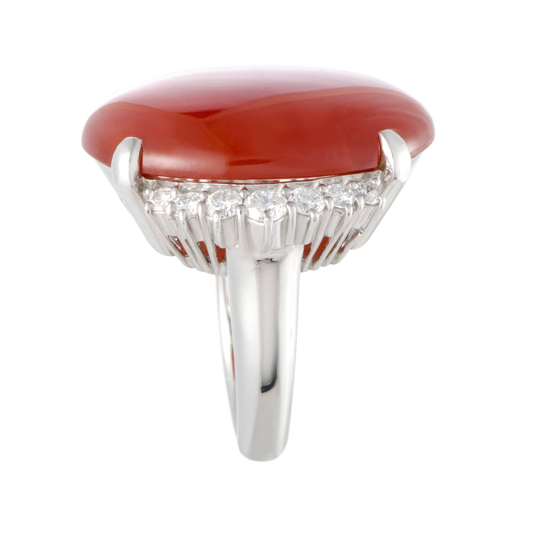 Red Jade Diamond Platinum Cocktail Ring In Excellent Condition In Southampton, PA