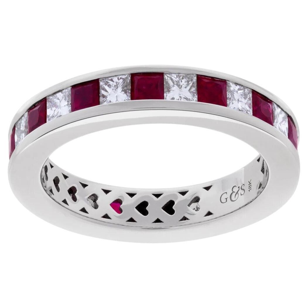 Diamond and Red Ruby Eternity Band in 18k White Gold For Sale