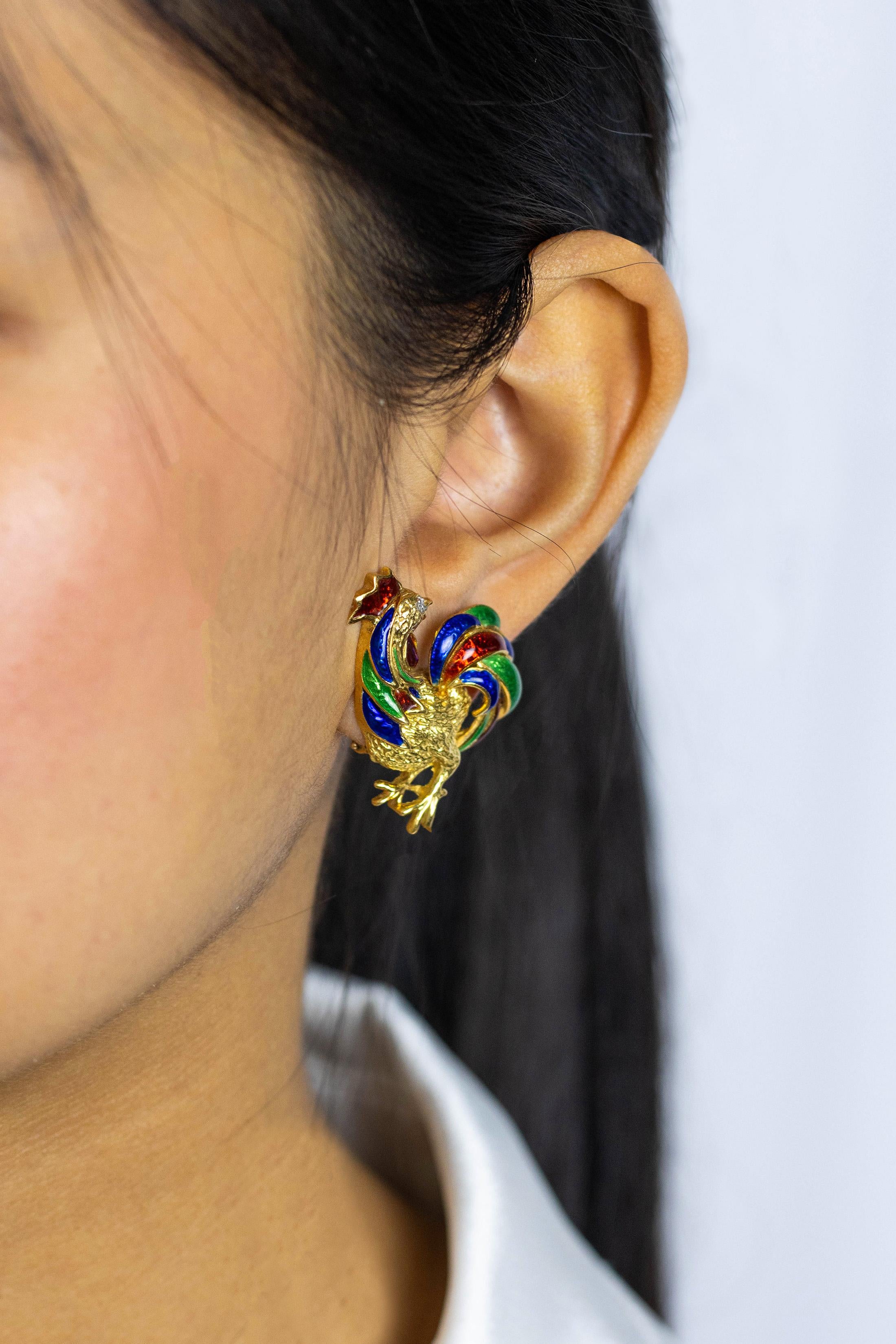 Contemporary Diamond and  Rooster Enamel Yellow Gold Earrings For Sale