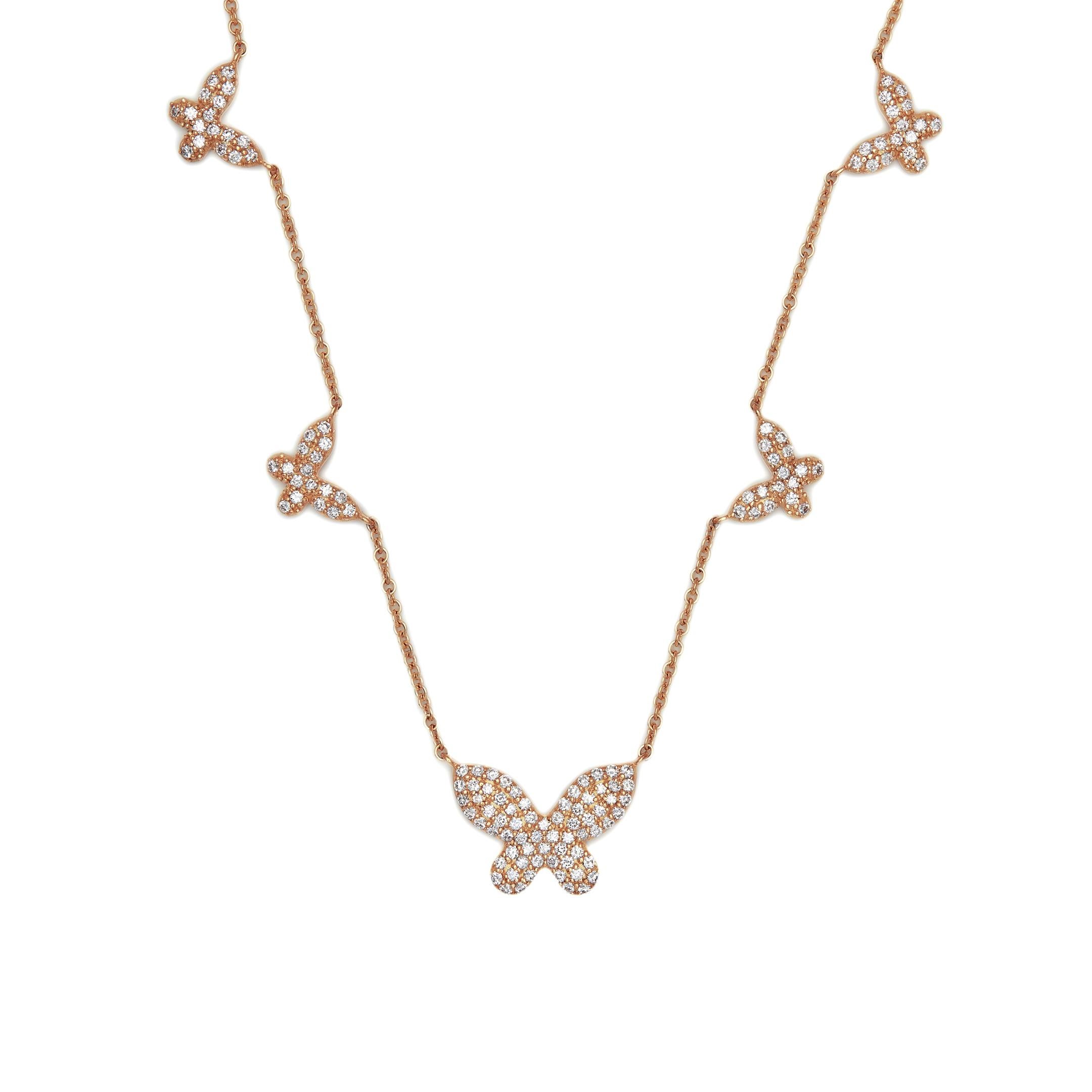 Tap into your ethereal side with our Diamond and Gold Butterfly Necklace. White diamonds dust five butterfly silhouettes, graduating in size. Crafted in 18-karat rose or white gold, the necklace provides a flattering focal point to strapless
