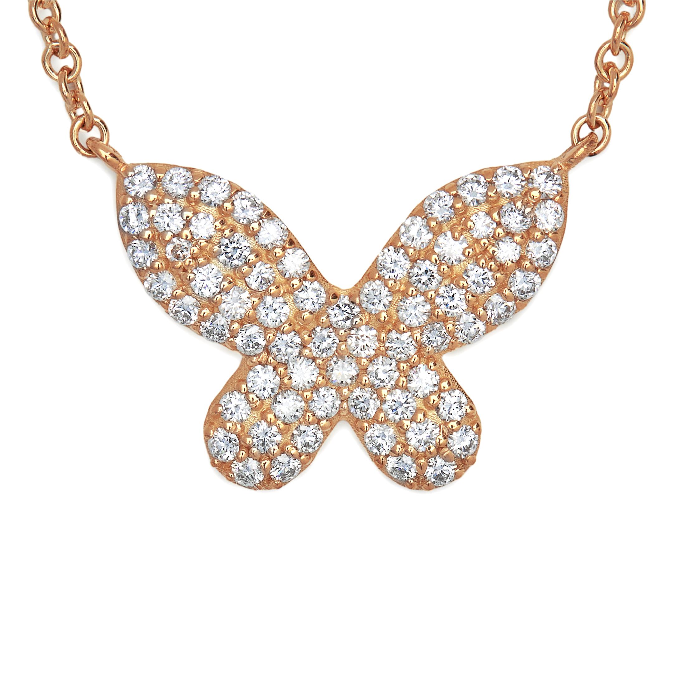 Round Cut Diamond and Rose Gold Butterfly Necklace For Sale
