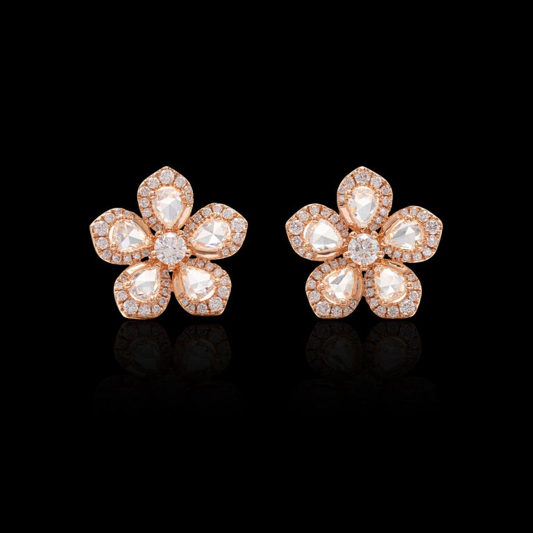 Diamond and Rose Gold Flower Earrings For Sale at 1stDibs