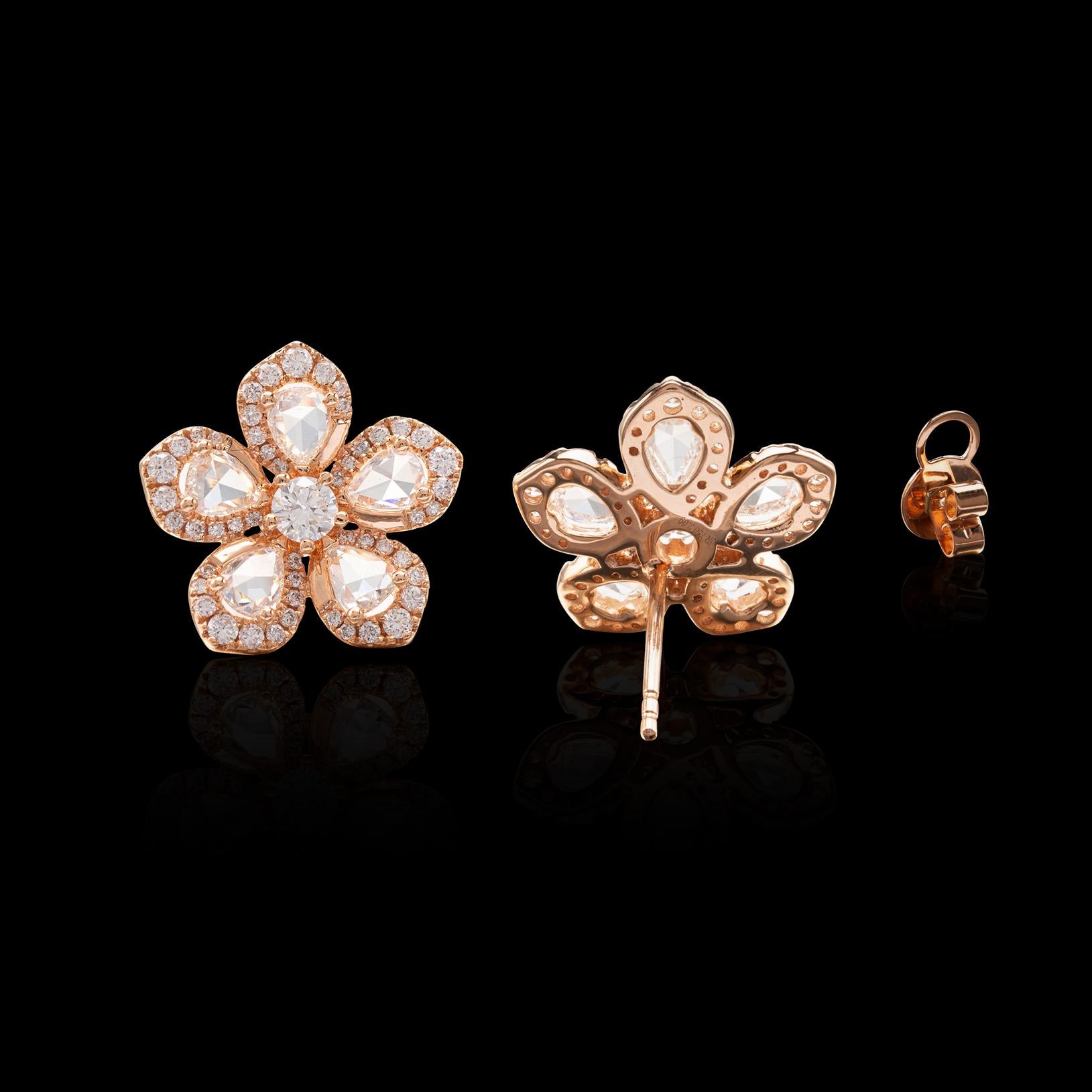 Rose Cut Diamond and Rose Gold Flower Earrings For Sale