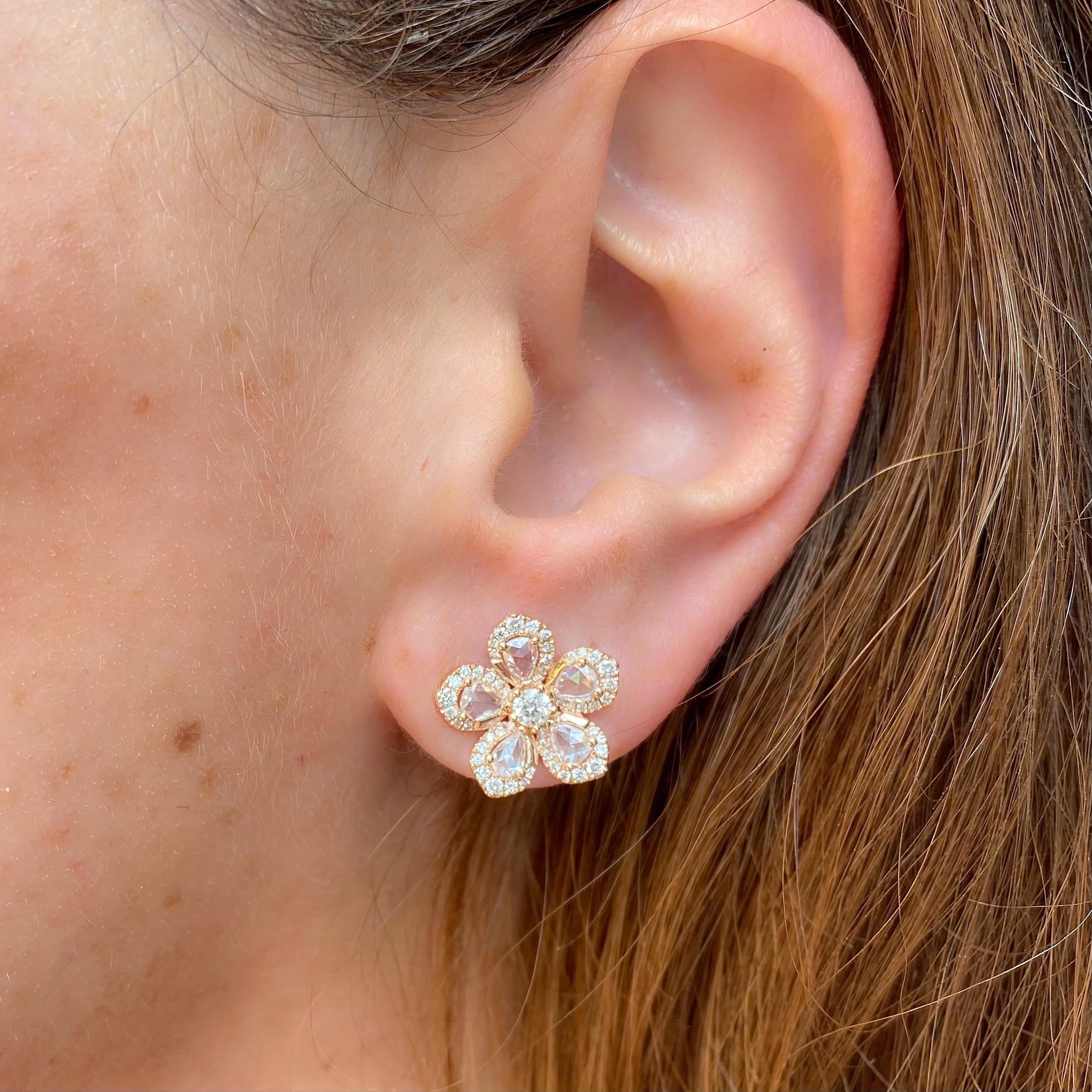Diamond and Rose Gold Flower Earrings In New Condition For Sale In San Francisco, CA