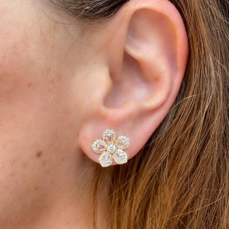 Diamond and Rose Gold Flower Earrings For Sale at 1stDibs