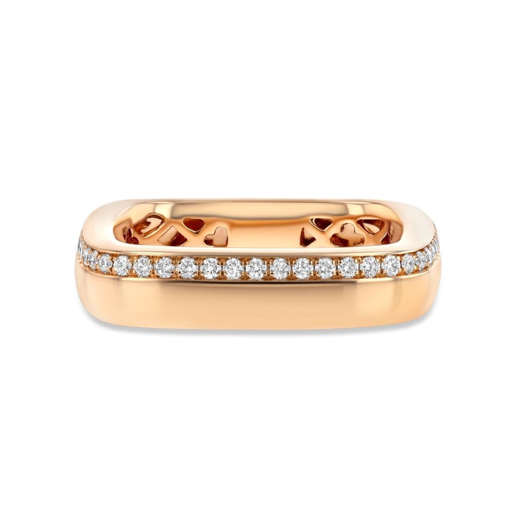 With a thin line of diamonds wrapping around just over half of the square shaped ring's bottom edge, this stackable rose gold piece is a modern wonder. Great on its own and even better in pairs this ring will be a truly unique piece to add to any