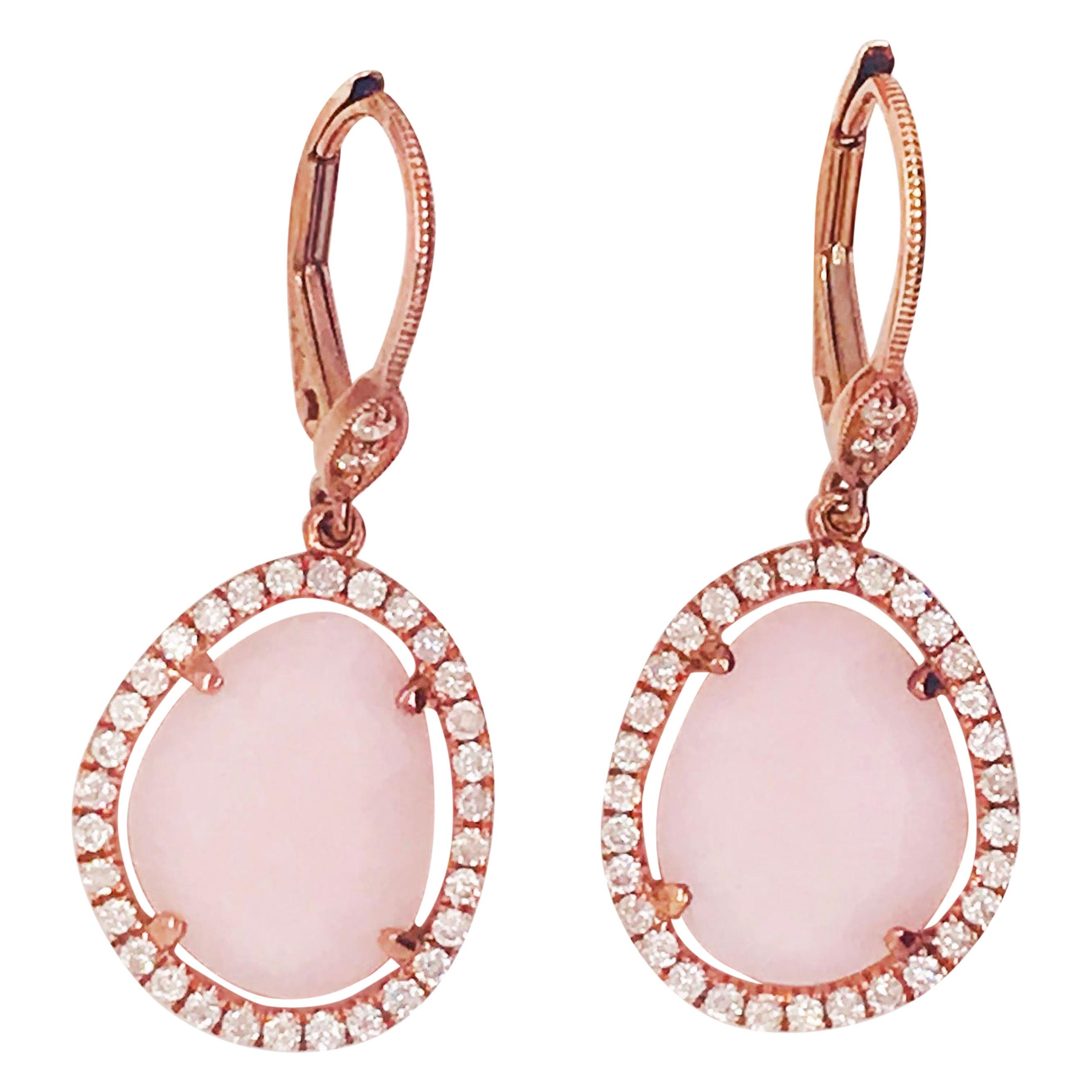 Diamond and Pink Opal Dangle Earrings in 14 Karat Rose Gold, Dangle Earrings 