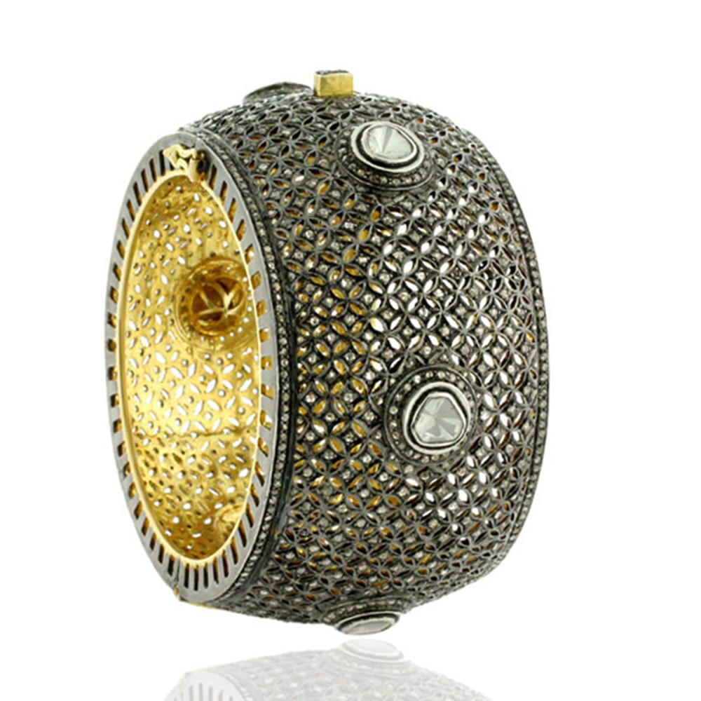 Artisan Diamond and Rosecut Diamond Cuff Bangle in Gold and Silver For Sale