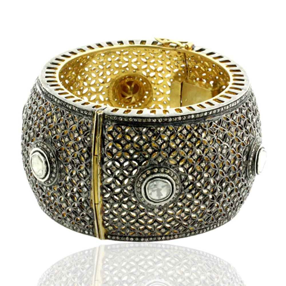 Rose Cut Diamond and Rosecut Diamond Cuff Bangle in Gold and Silver For Sale