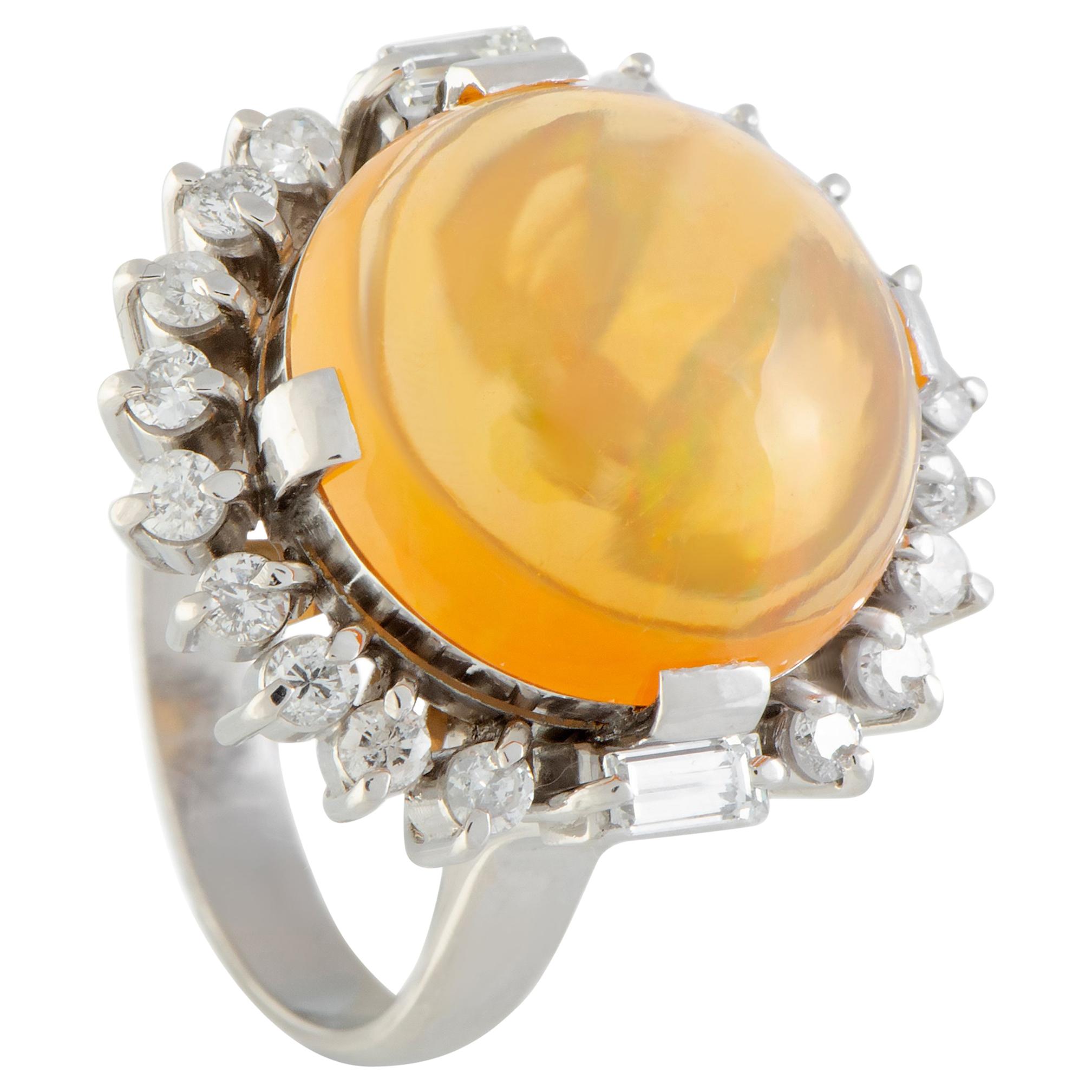 Diamond and Round Fire Opal Platinum Ring