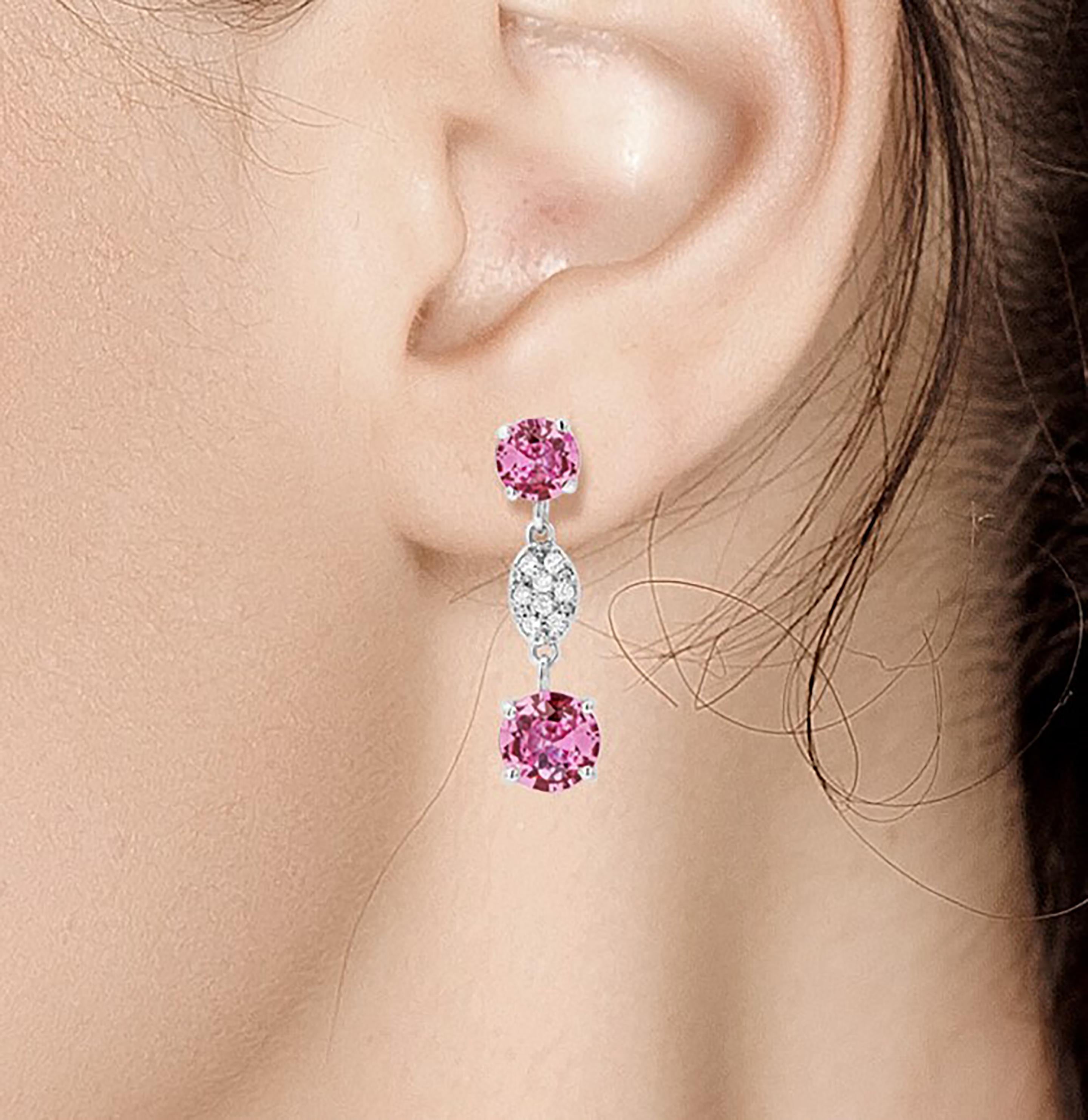 Round Cut Diamond and Round Pink Sapphire Gold Drop Earrings One Inch Long