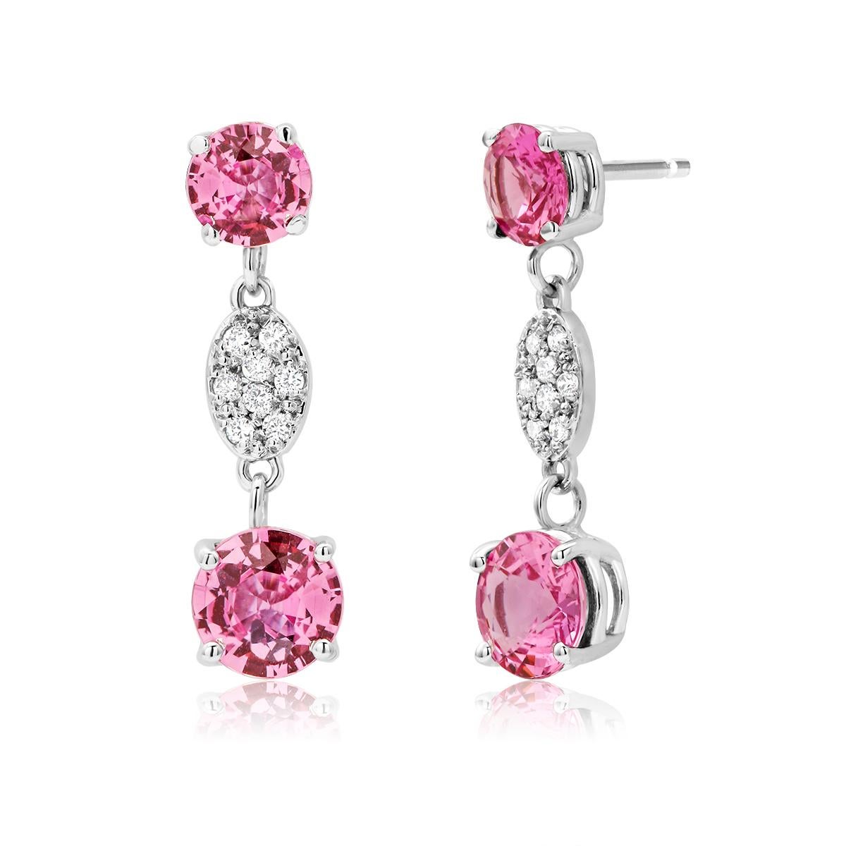 Contemporary Diamond and Round Pink Sapphire Gold Drop Earrings One Inch Long
