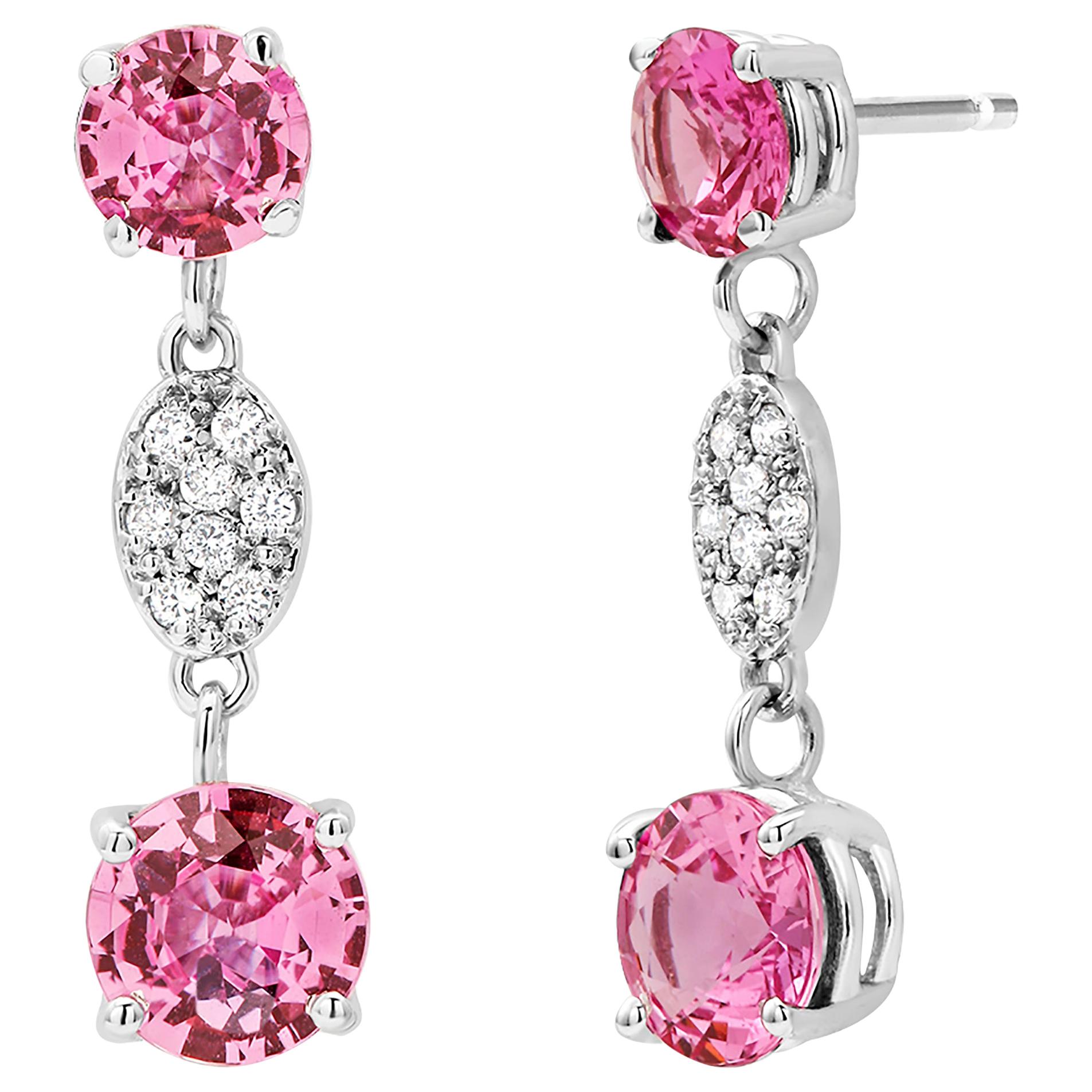 Diamond and Round Pink Sapphire Gold Drop Earrings One Inch Long