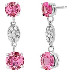 Diamond and Round Pink Sapphire Gold Drop Earrings One Inch Long