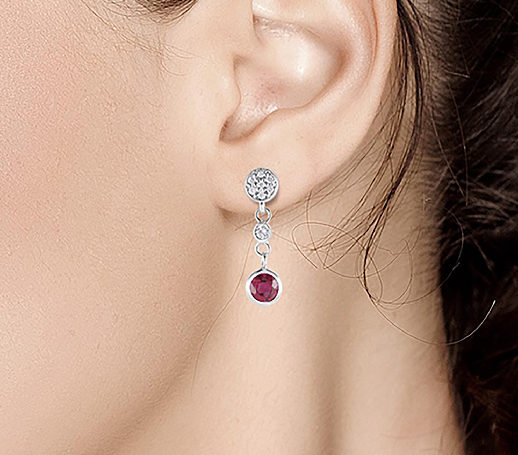 Diamond and Round Ruby Drop Earrings Weighing 1.38 Carat In New Condition In New York, NY