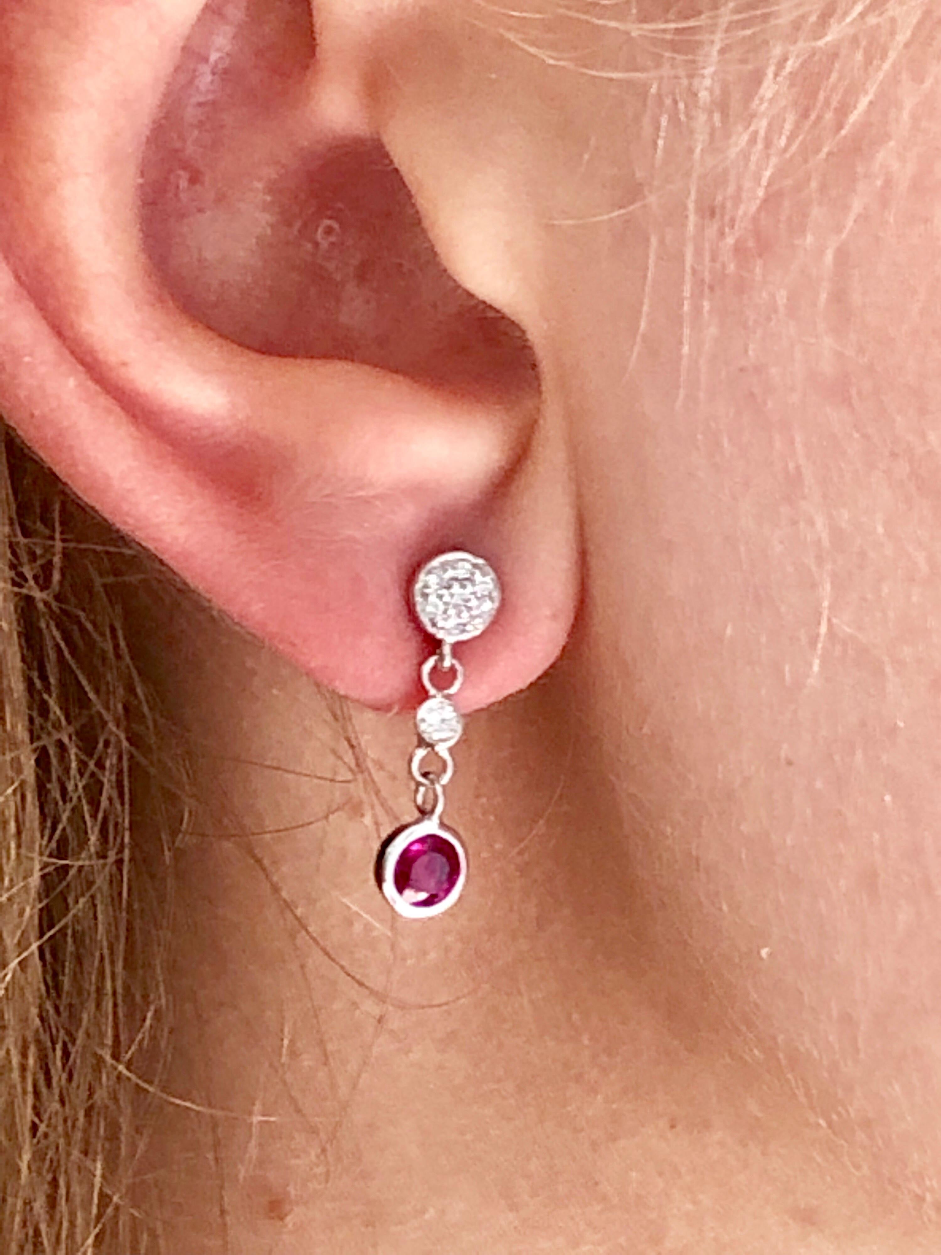 Round Cut Diamond and Round Ruby Drop Earrings Weighing 1.38 Carat