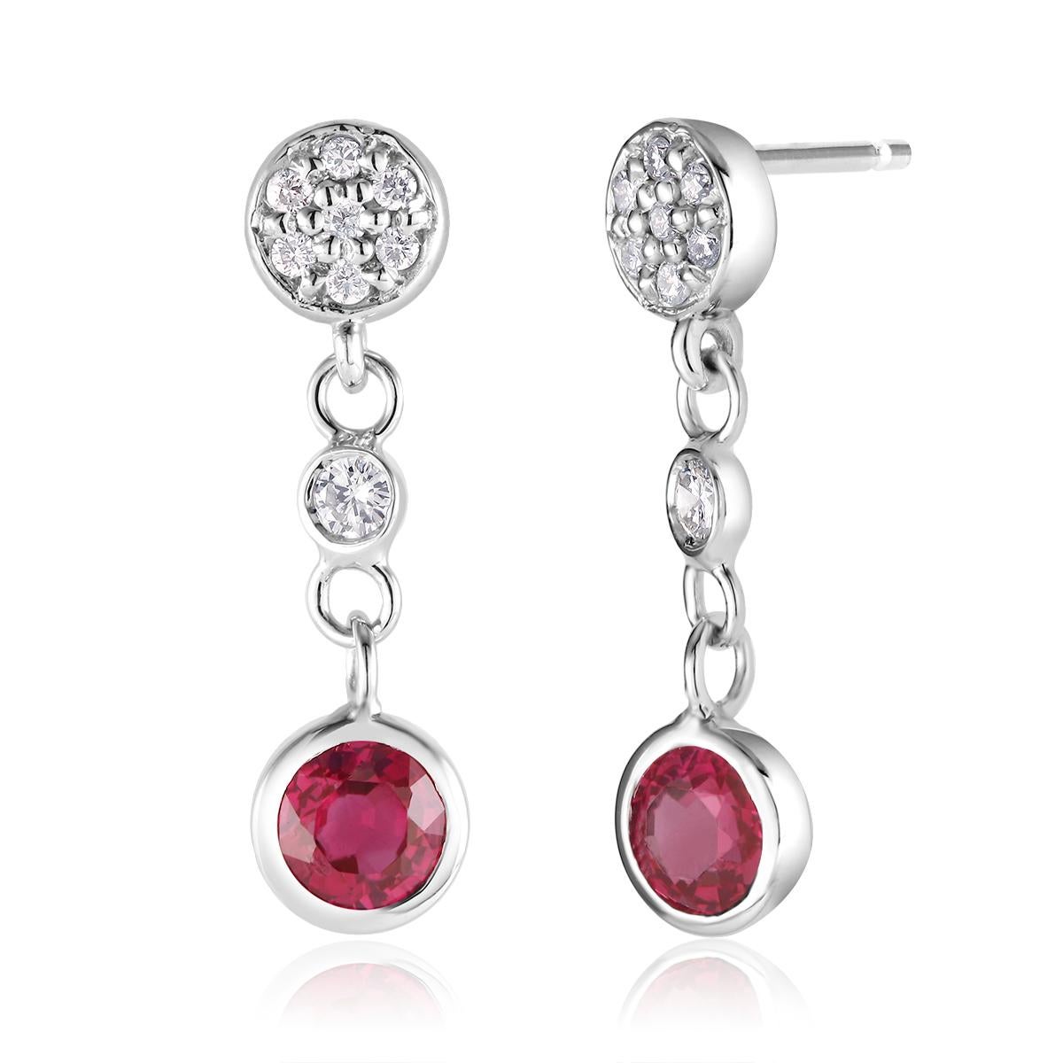 Contemporary Diamond and Round Ruby Drop Earrings Weighing 1.38 Carat
