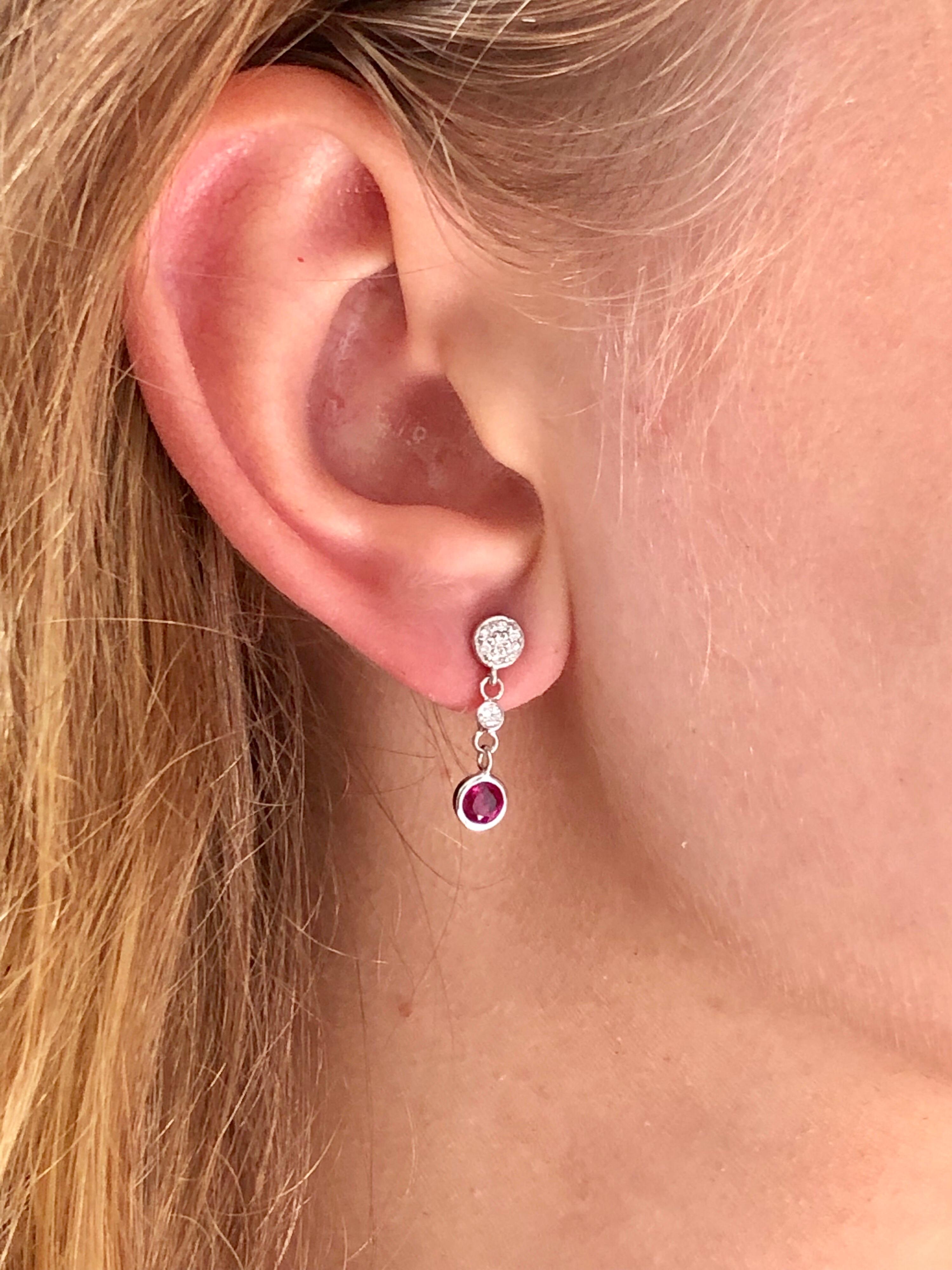 Women's Diamond and Round Ruby Drop Earrings Weighing 1.38 Carat